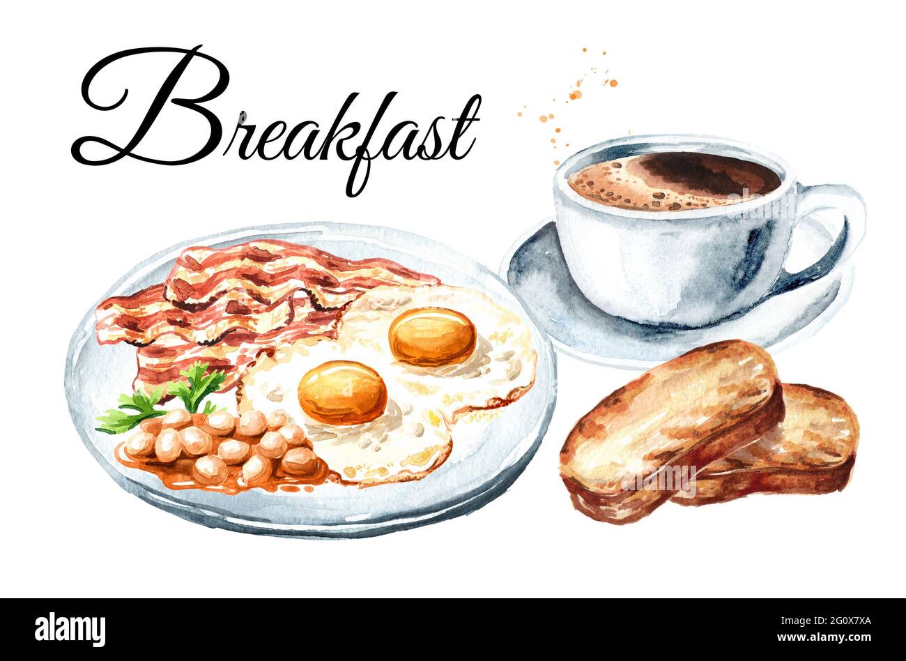 Petit-déjeuner anglais traditionnel avec œufs frits, morceaux de becon, haricots dans la sauce, toasts et une tasse de café. Isoler l'illustration aquarelle dessinée à la main Banque D'Images
