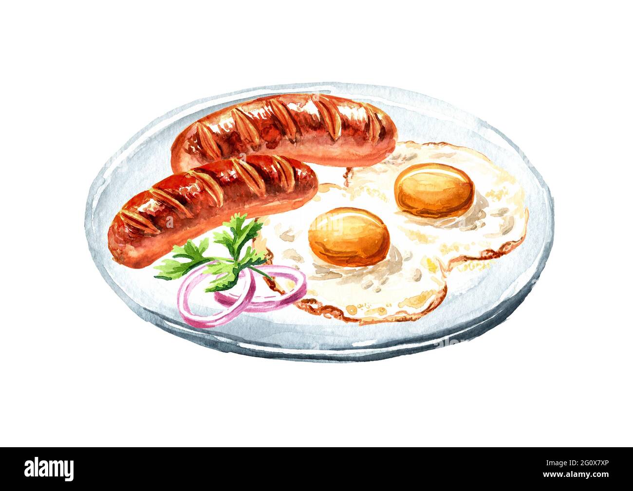Petit-déjeuner anglais traditionnel avec œufs frits et saucisses. Illustration aquarelle dessinée à la main isolée sur fond blanc Banque D'Images