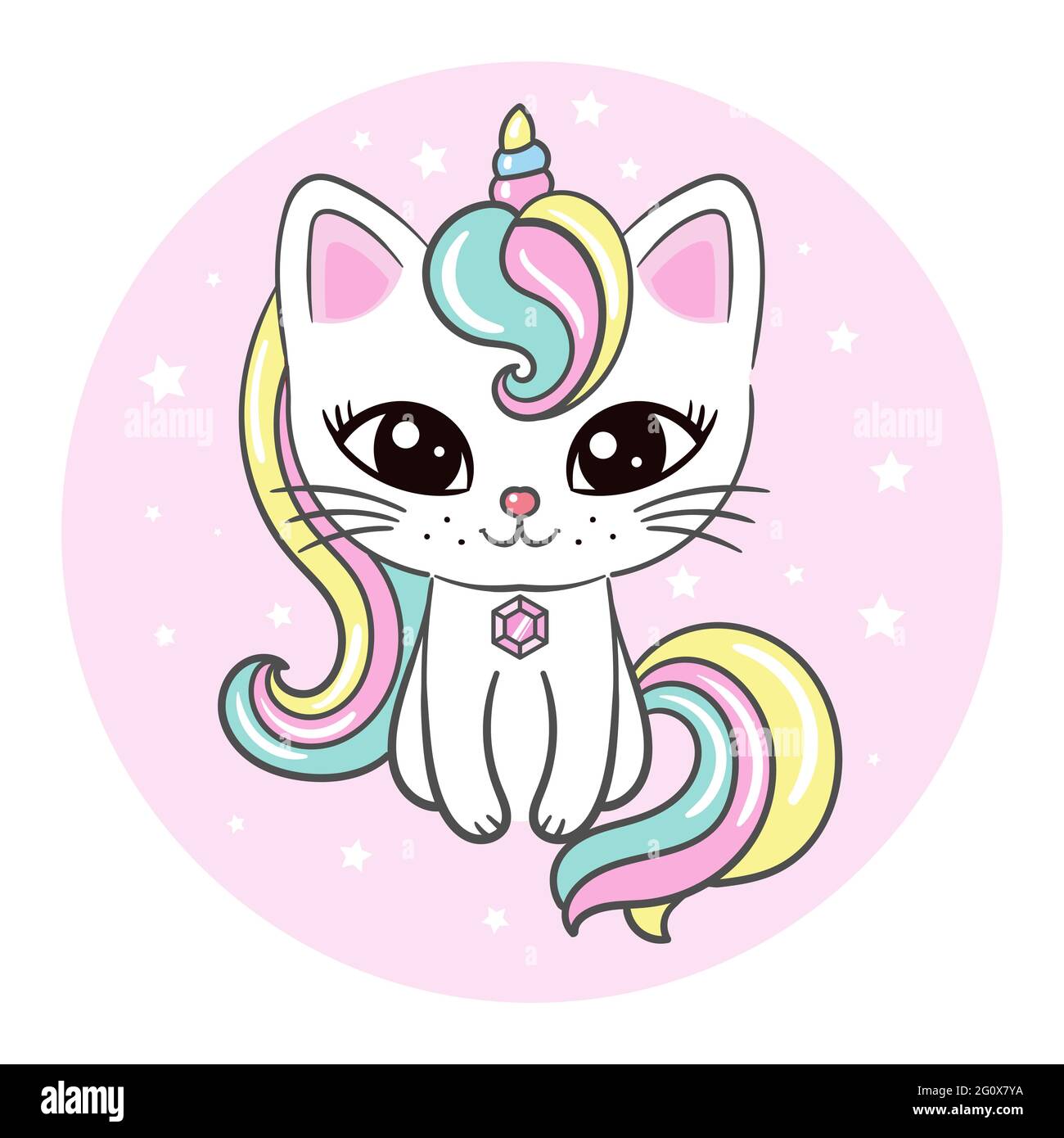 licorne chat mignon. Kawaii. Animal fantaisie. Illustration pour enfants. Pour la conception de tirages, affiches, autocollants, badges, cartes postales, Etc. Vecteur. Illustration de Vecteur