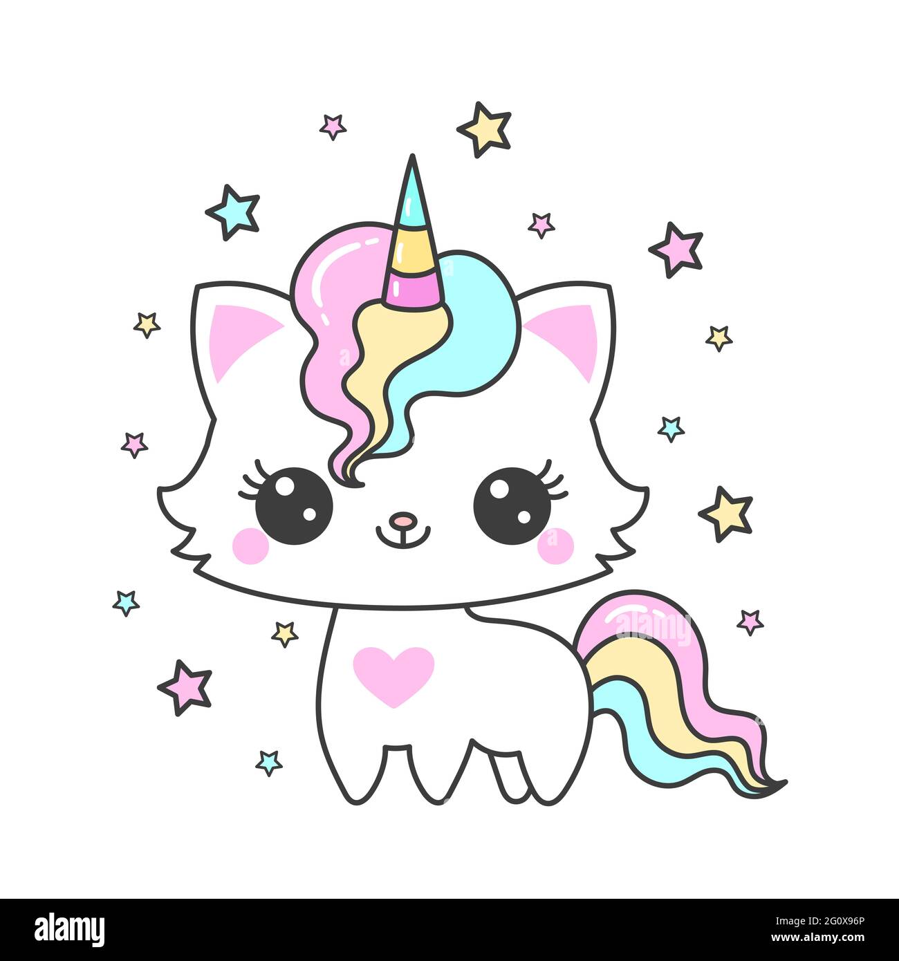 Adorable dessin animé chat licorne et étoiles. Animal fantastique. Convient aux imprimés, affiches, tee-shirts, autocollants et cartes postales pour enfants. Vecteur Illustration de Vecteur