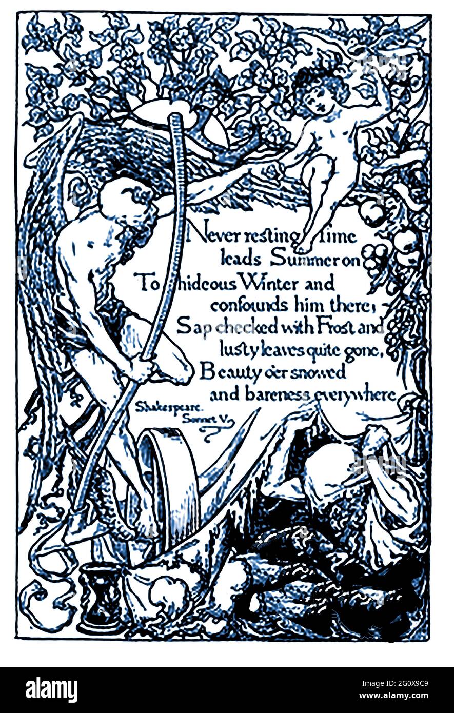 Les Sonnets de Shakespeare - un panneau illustré de 1891 d'un extrait de sonnet V par William Shakespeare - le sonnet complet commence "ces heures, que avec le travail doux a cadre. Le regard charmant où chacun des yeux demeure, jouera les tyrans à la même chose.et ce injuste qui assez doth excellent; pour le temps de repos ne mène l'été sur. Pour hidous hiver, et le confite là; la sève a vérifié avec du gel, et les feuilles de rouille ont tout à fait disparu. Beauté o'er-neiged et bareness tous les endroits: Alors n'étaient pas la distillation de l'été, un prisonnier liquide pent dans les murs de verre... ' Banque D'Images