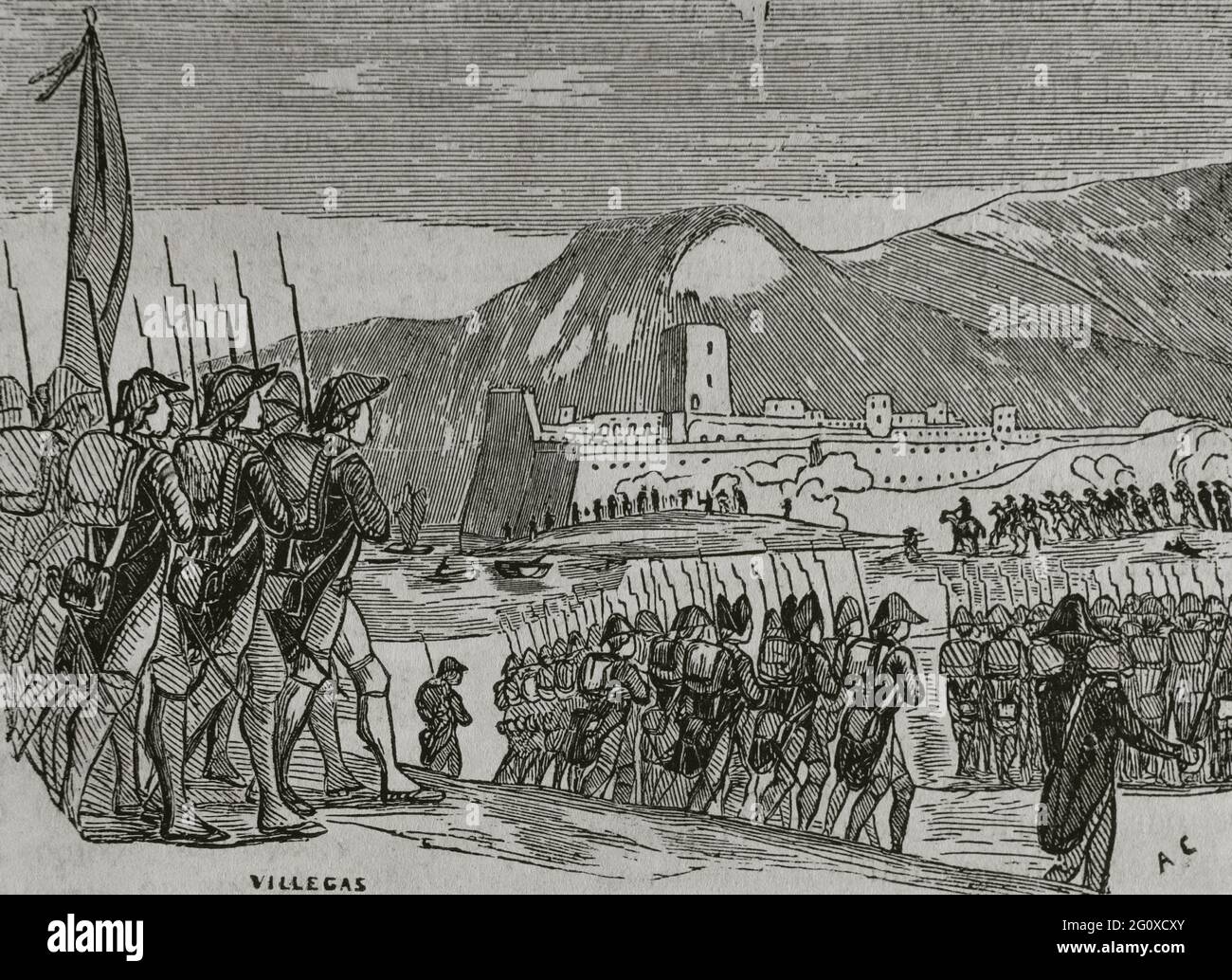 Guerre du Roussillon, également appelée guerre des Pyrénées ou guerre de la Convention, (1793-1795). Conflit entre l'Espagne de Charles IV et la première République française. Siège de Rosas (28 novembre 1794-4 février 1795). La garnison espagnole a abandonné la ville et les forces françaises commandées par Catherine-Dominique de Pérignon ont pris le contrôle. Perte de Rosas. Gravure. Historia del Levantamiento, guerra y revolución de España par la Conde de Toreno. Madrid, 1851. Banque D'Images