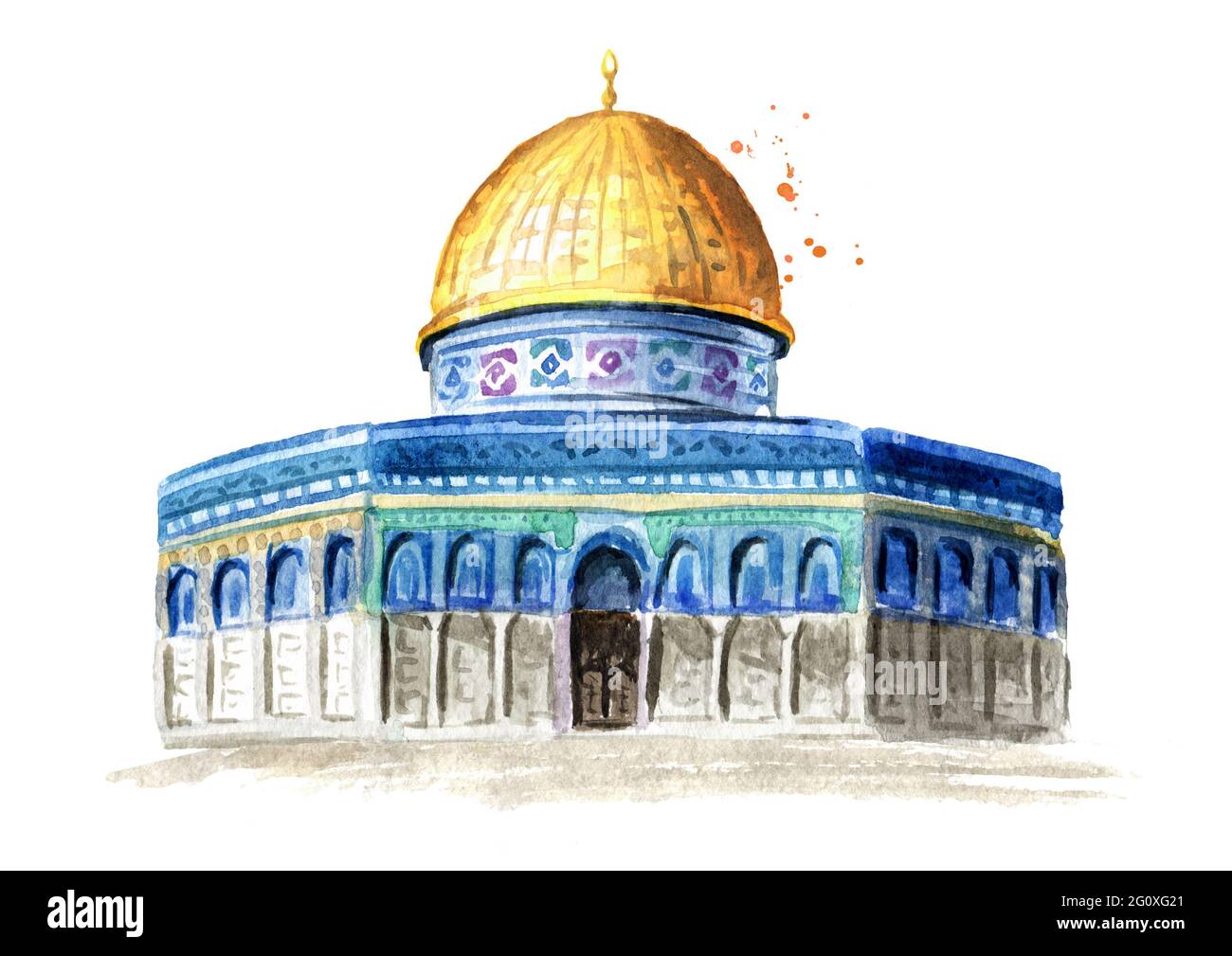 Dôme du Rocher ou Qubbatus Sakhra dans le complexe Masjidil Aqsa sur le Mont du Temple à Jérusalem, Israël. Illustration aquarelle dessinée à la main, isolée sur wh Banque D'Images