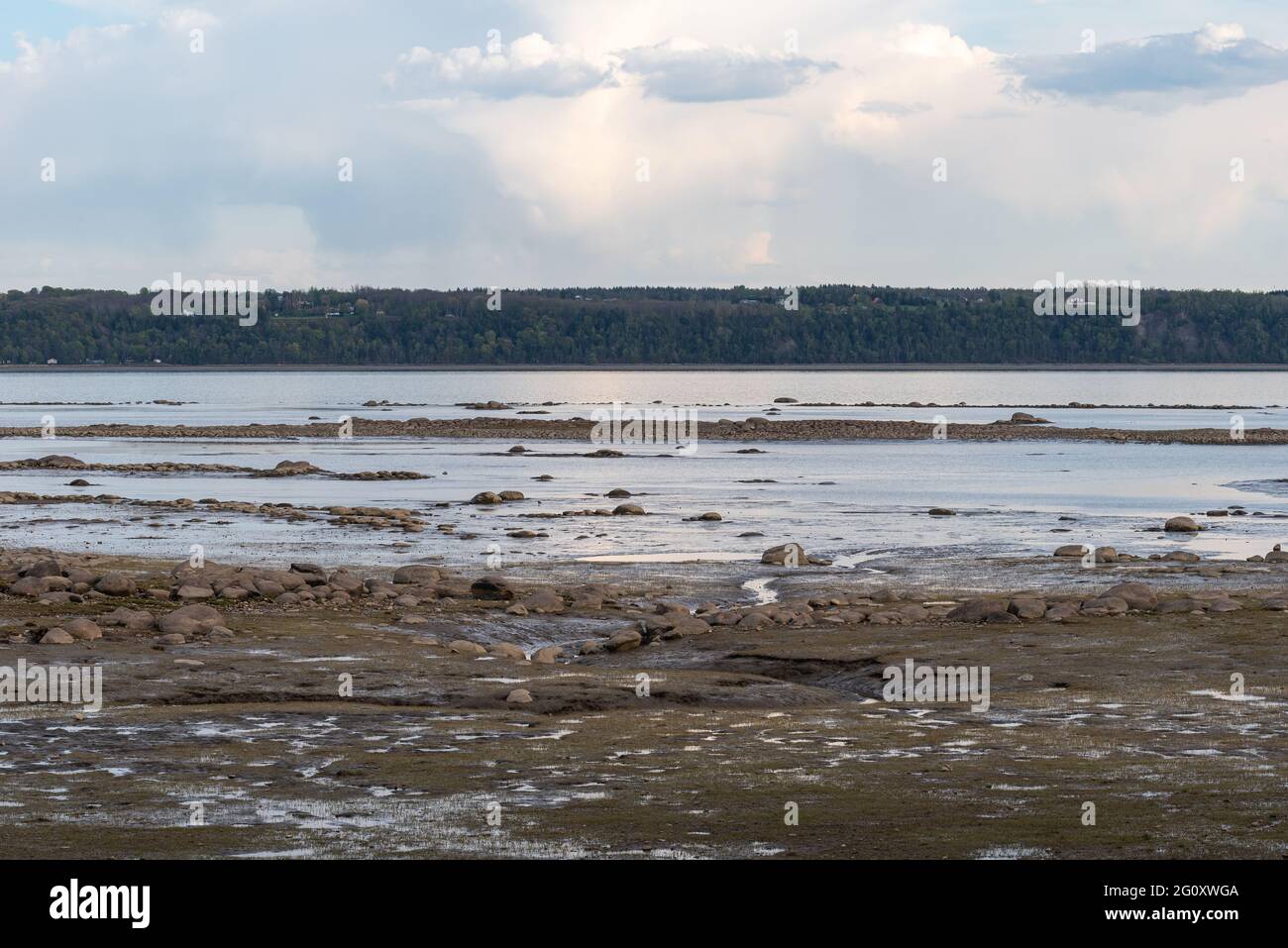 Vue sur la rive du fleuve Saint-Laurent à marée basse à Neuville (Québec, Canada) Banque D'Images