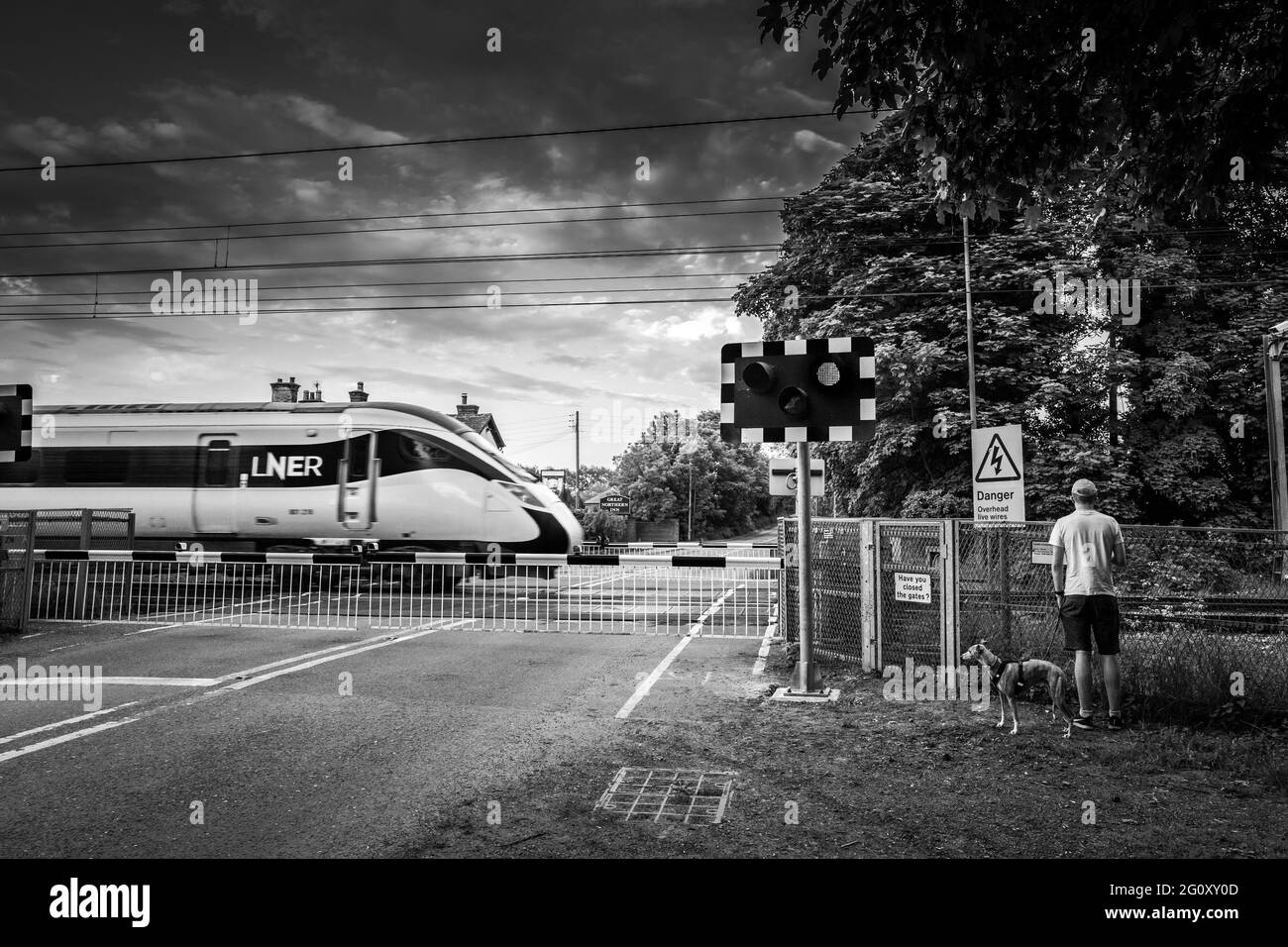 Train électrifié Azuma à grande vitesse passant par un passage à niveau sans pilote auotmatique sur la ligne principale de la côte est. Banque D'Images