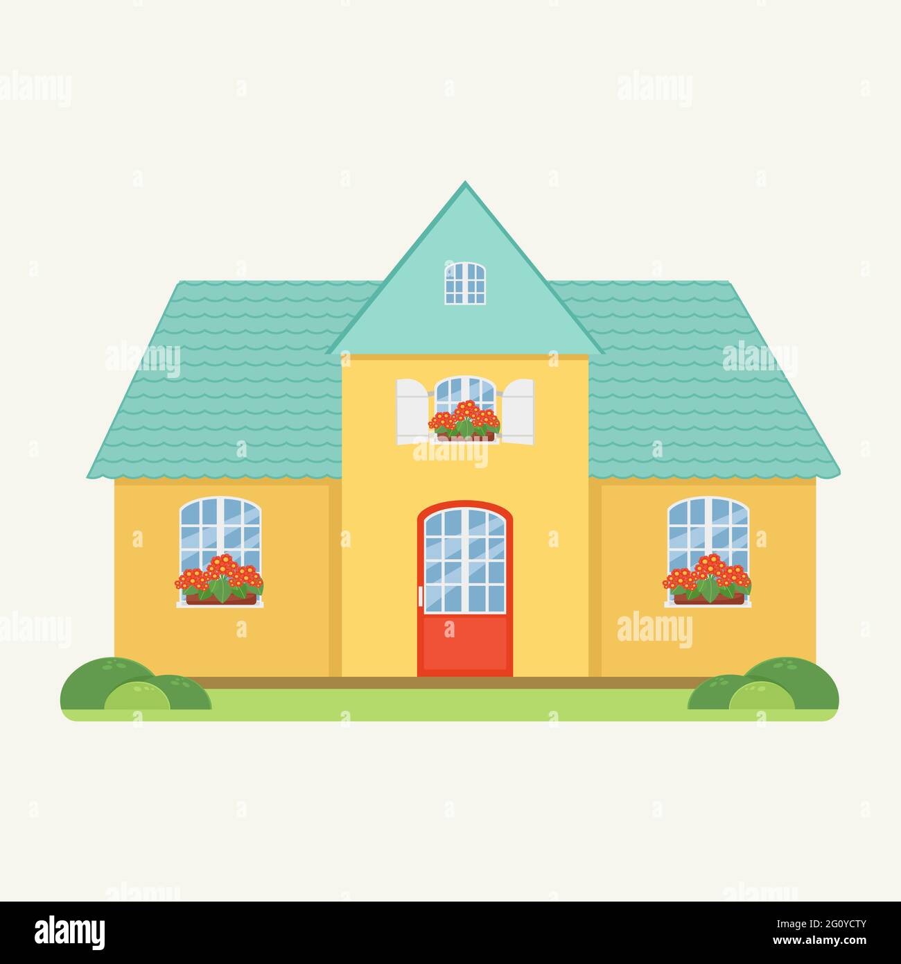 Maison familiale de style plat, maison jaune avec toit turquoise, fleurs rouges sur le rebord de la fenêtre Illustration de Vecteur