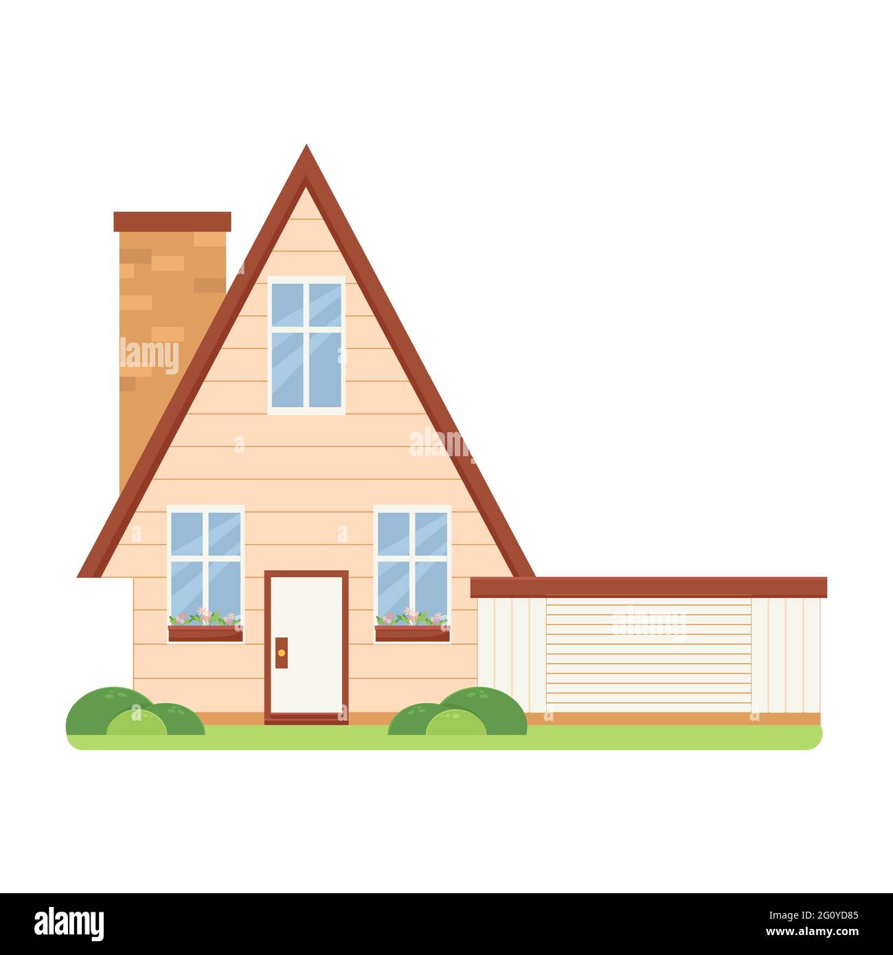 Maison familiale de style plat, maison avec garage, fleurs sur le rebord de la fenêtre Illustration de Vecteur