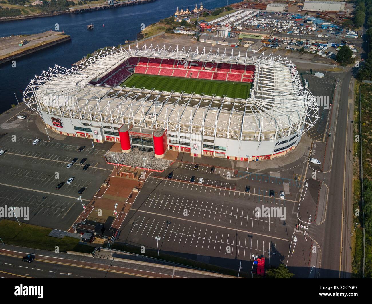 Middlesbrough football Club, Riverside Stadium Aerial Drone from the Air Banque D'Images