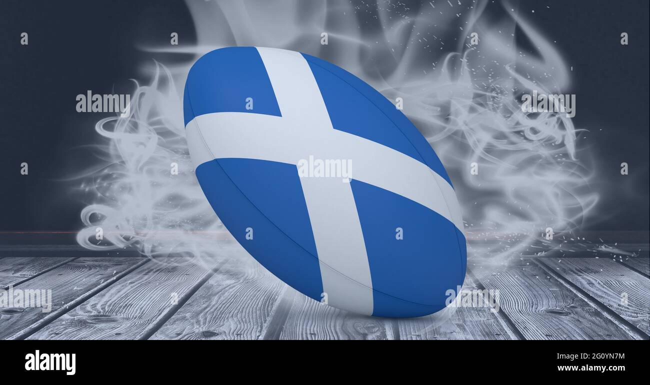 Composition du ballon de rugby du drapeau écossais sur fond noir avec fumée blanche Banque D'Images Composition du ballon de rugby du drapeau écossais sur fond noir avec fumée blanche Banque D'Images