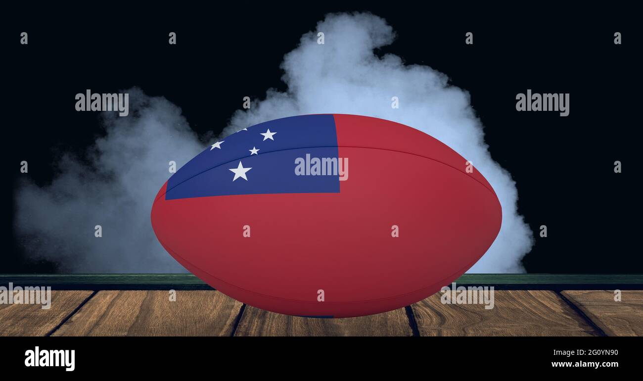 Composition du ballon de rugby du drapeau des samoa sur fond noir avec fumée blanche Banque D'Images Composition du ballon de rugby du drapeau des samoa sur fond noir avec fumée blanche Banque D'Images