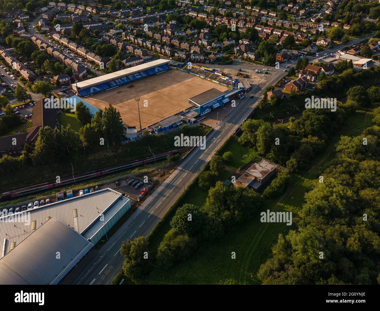 Photos aériennes du club de football de la ville de Macclesfield , MTFC a été liquidé après une décision de la haute Cour le 16 septembre 2020 Banque D'Images