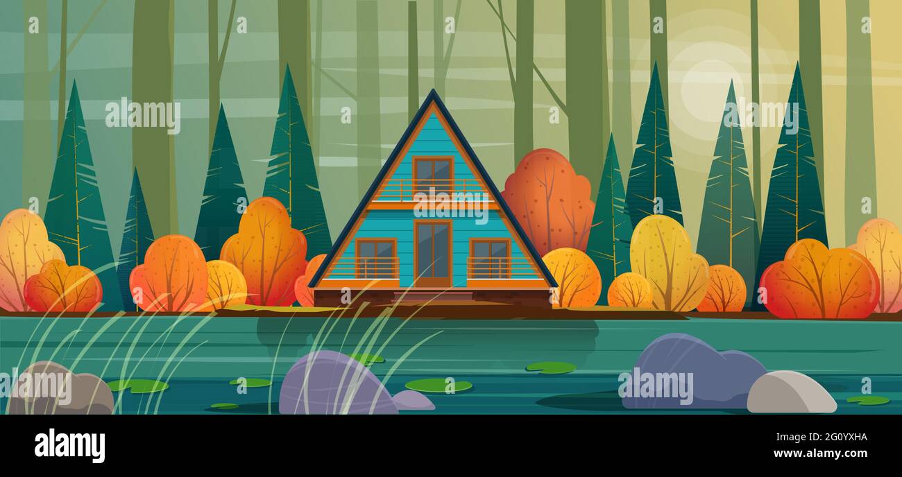 Petite maison en bois au bord du lac de la forêt Illustration de Vecteur