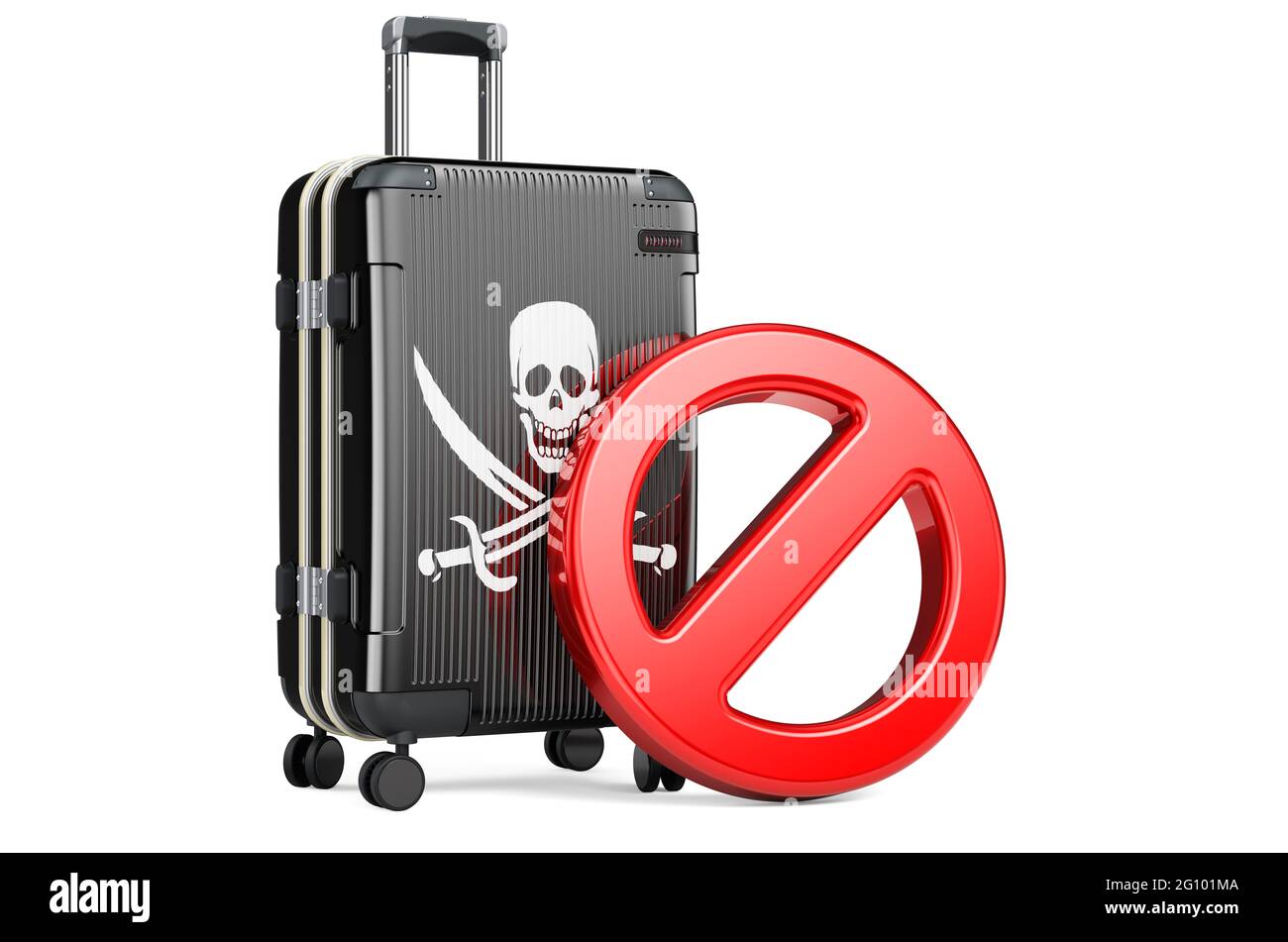 Valise avec drapeau de piraterie et panneau d'interdiction. Rendu 3D isolé sur fond blanc Banque D'Images