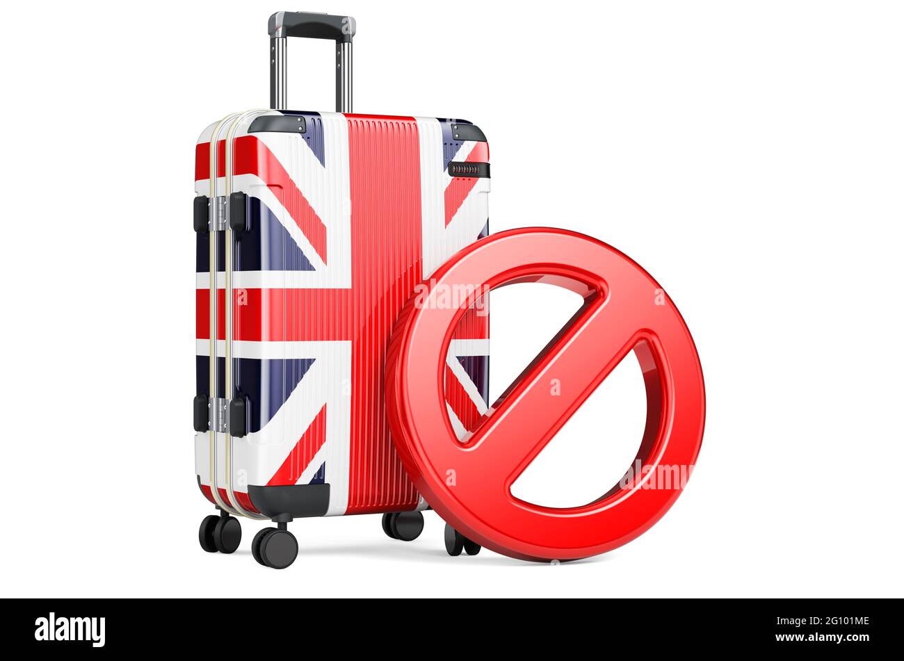 L'interdiction d'entrée de la Grande-Bretagne. Valise avec drapeau britannique et panneau d'interdiction. Rendu 3D isolé sur fond blanc Banque D'Images