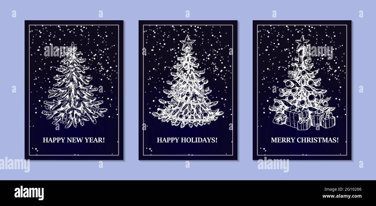 Ensemble de motifs Joyeux Noël et joyeux nouvel an avec arbre de Noël dessiné à la main et neige sur fond bleu foncé. Illustration vectorielle Illustration de Vecteur Ensemble de motifs Joyeux Noël et joyeux nouvel an avec arbre de Noël dessiné à la main et neige sur fond bleu foncé. Illustration vectorielle Illustration de Vecteur