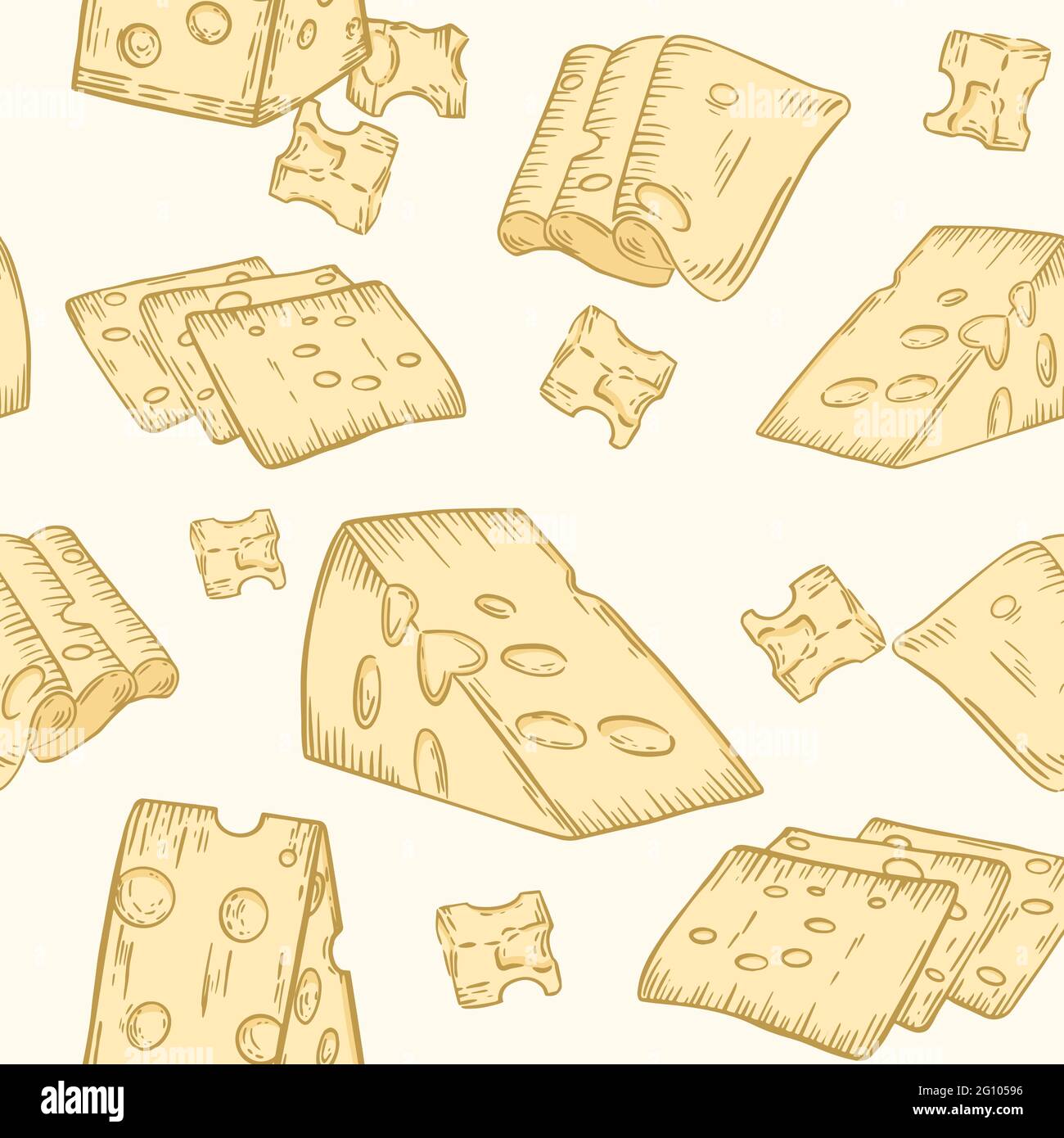 Motif sans couture avec fromage, vecteur. Fromage avec trous, différentes pièces et tranches. Fond coloré avec produit laitier Maasdam fromage. Illustration de Vecteur