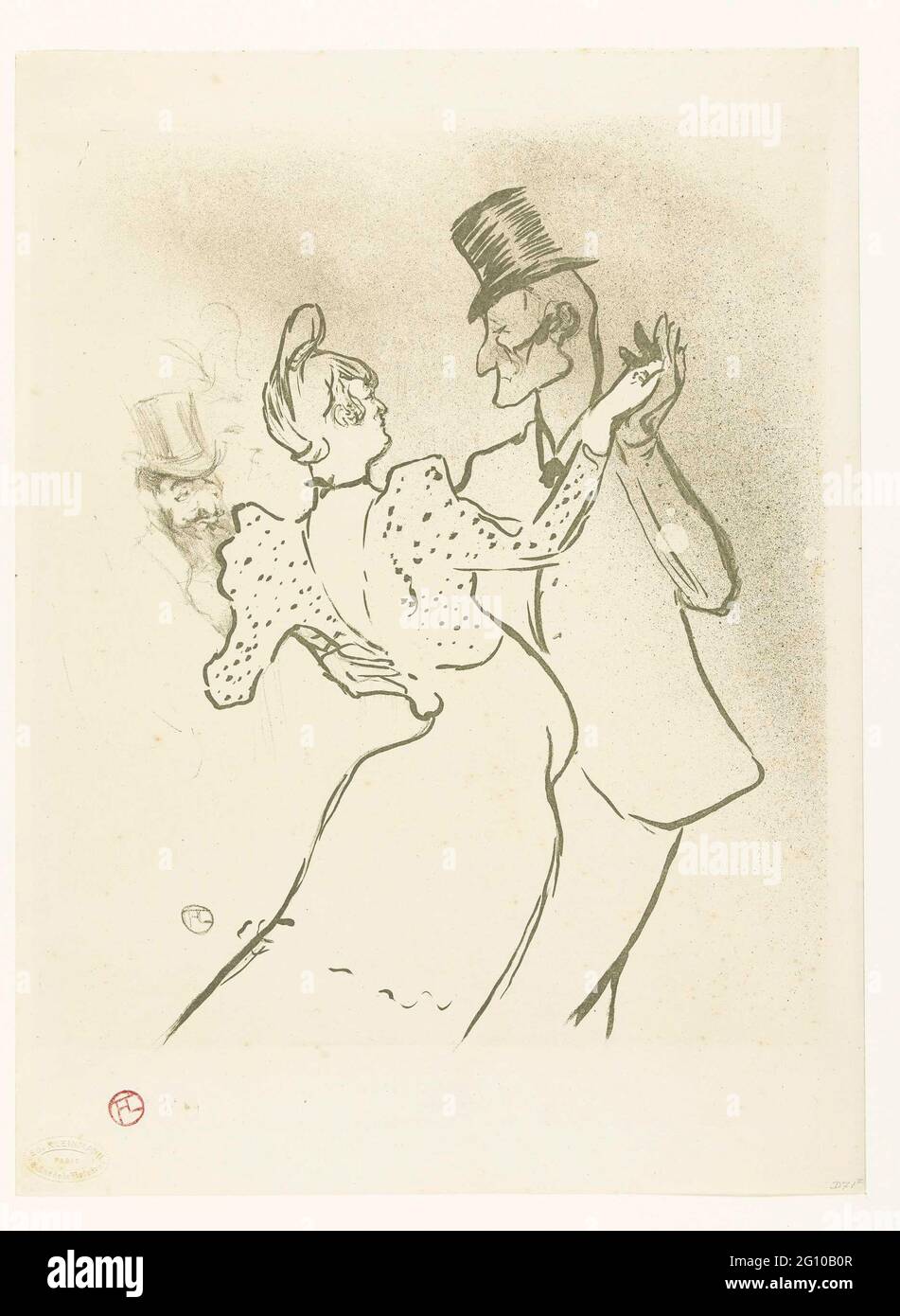 Le danseur la Goulu et Valentin le Désossé dansant au Moulin Rouge. La danseuse Louise Weber, connue sous le nom de la Goulu, danse avec Jacques Renaudin, connue sous le nom de Valentin le Désossé au Moulin Rouge. En arrière-plan comme spectateur probablement un autoportrait de Toulouse-Lautrec. Banque D'Images