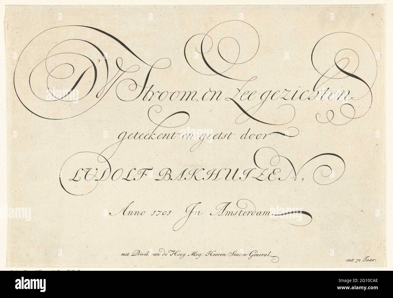 Titre imprimé pour une collection de rivières et d'assaisonnement de Ludolf Bakhuysen; d'stream, et d'assaisonnement dessinés et honorés par Ludolf Bakhuyzen; d'assaisonnement. Banque D'Images