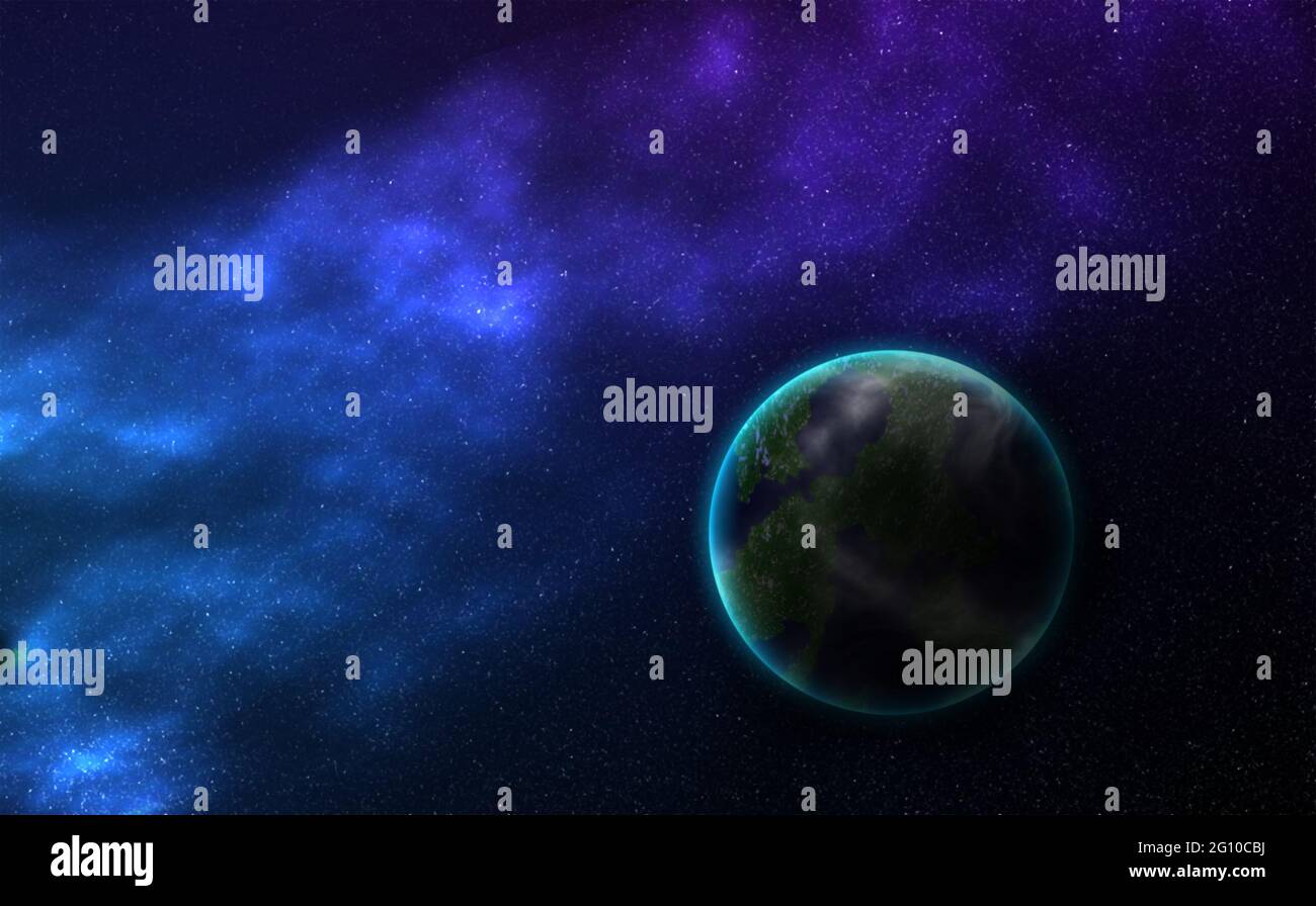 nébuleuses colorées violet et bleu avec une planète solitaire rocheuse dans l'espace, illustration 3d Banque D'Images