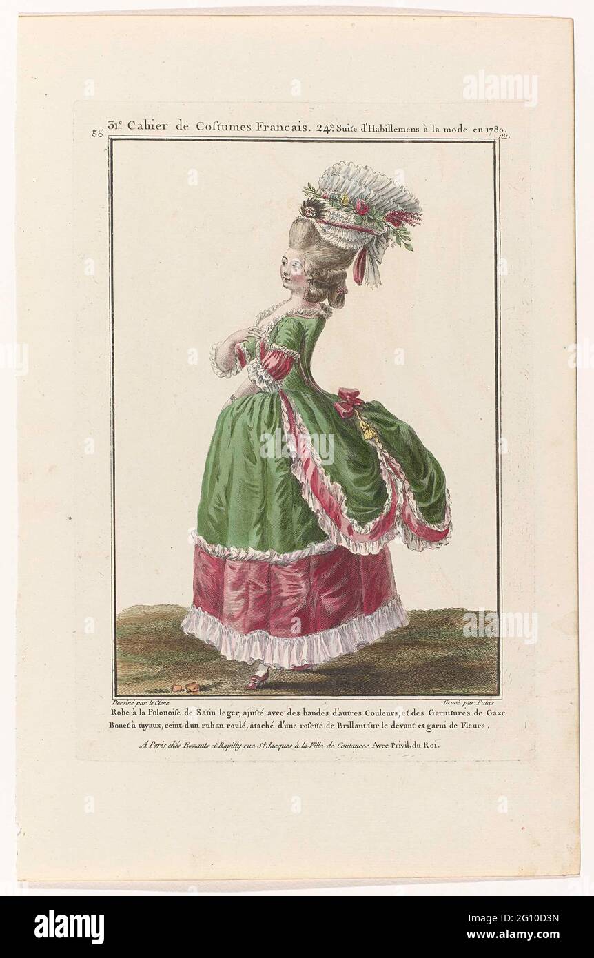 Femme 'robe à la polonaise' satin, taillé avec des bandes d'une couleur  différente et des finitions de tulipe. 'Recherche et sabot. Bonnet décoré  de fleurs et au milieu d'une rosace brillante fixée