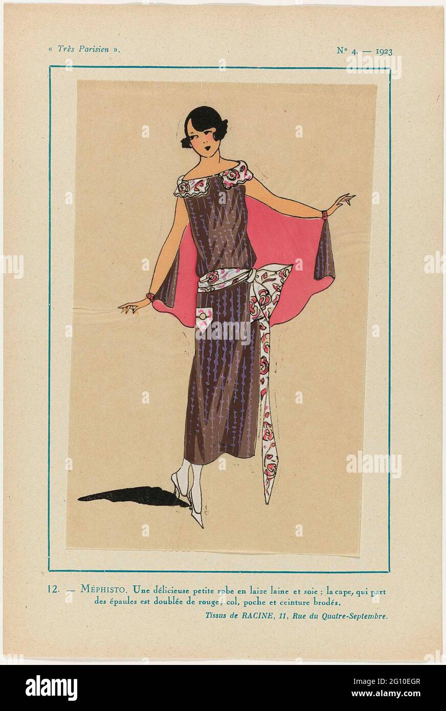 Paris, 1923, n° 4 : Méphisto. Robe de bandes de laine et de soie; le cap  commence avec les épaules et est doublé de rouge; le col, le sac et la  ceinture
