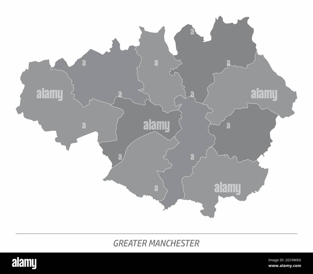 Carte administrative du Grand Manchester divisée en niveaux de gris et isolée sur fond blanc, Angleterre Illustration de Vecteur