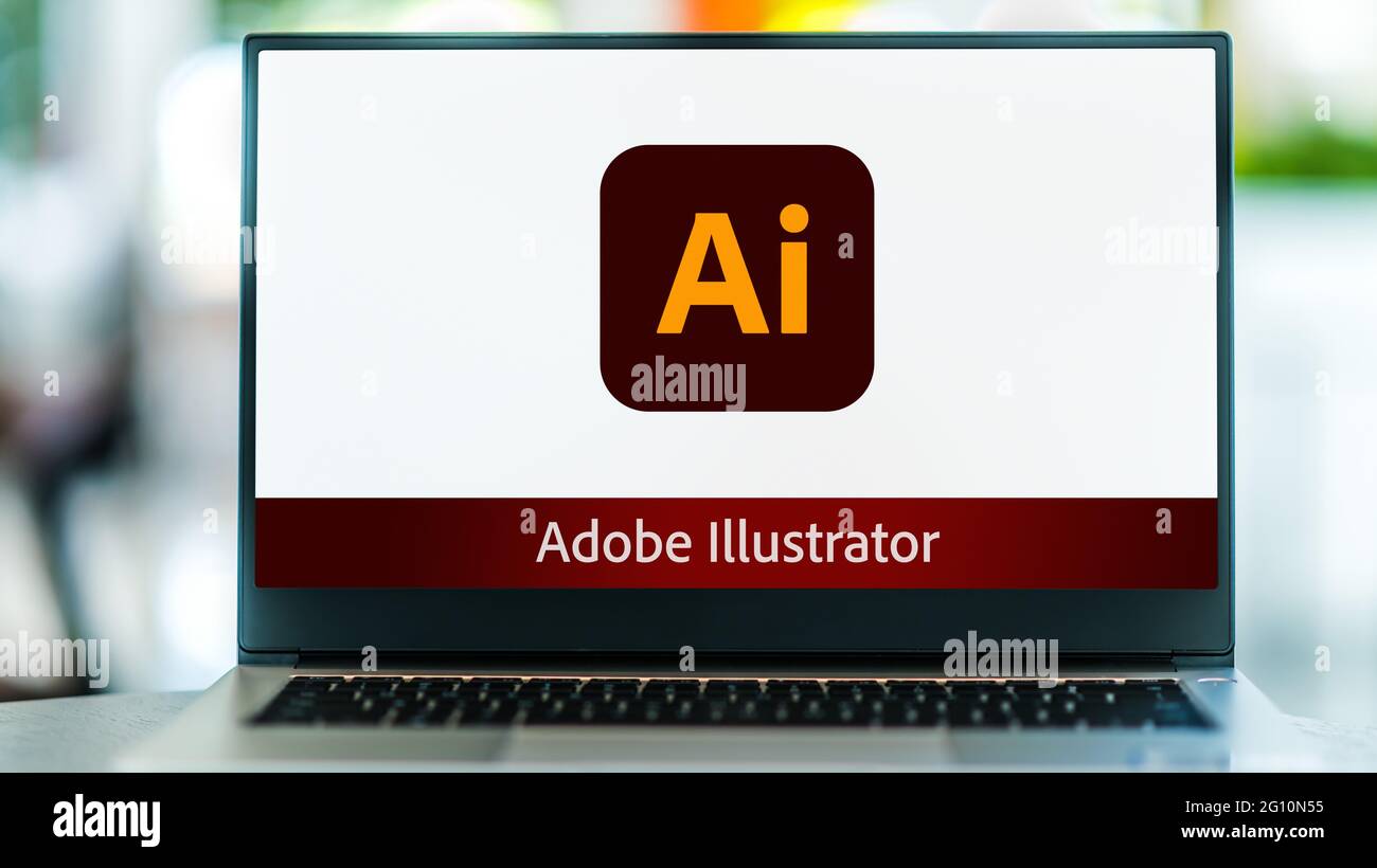 POZNAN, POL - 15 MAI 2021: Ordinateur portable affichant le logo d'Adobe Illustrator, un éditeur de graphiques vectoriels développé et commercialisé par Adobe Inc Banque D'Images