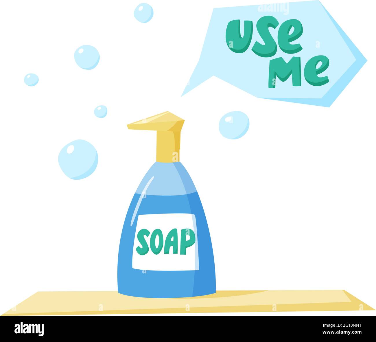Savon en flacon distributeur avec des bulles de savon, utilisez-moi signe, lavez-vous les mains avec du savon, plat style Illustration de Vecteur