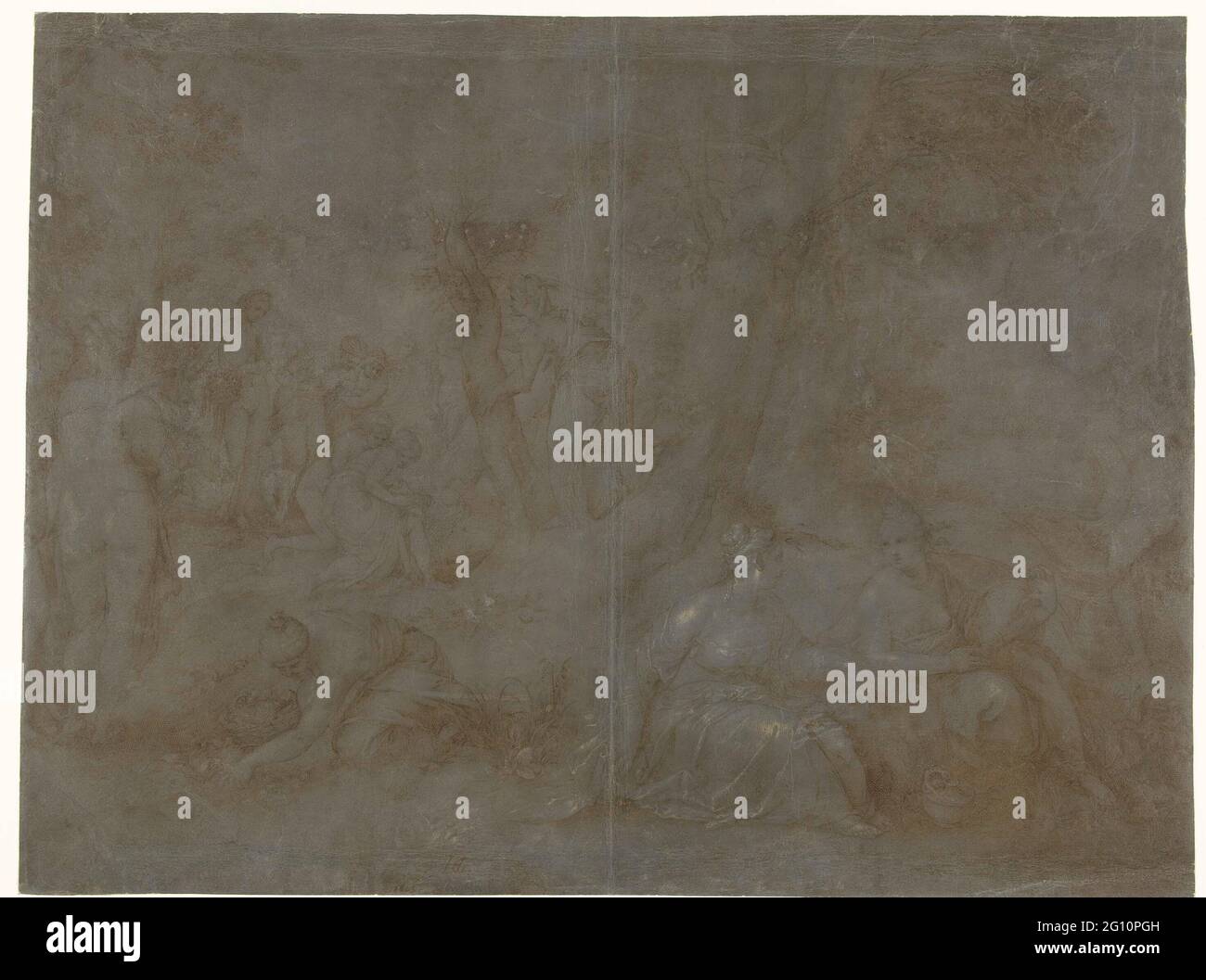 Naissance d'Adonis. Au premier plan, trois suiveurs de Juno, dont l'un est recueilli dans un panier. Au loin, en arrière-plan, Myrrha, le Nymph qui a changé dans un arbre, j'aime Adonis, assisté de Juno Lucino. Une fontaine nymphe reçoit Adonis, les autres nymphes. (Ovid, Metamorphoses X, 503-514). Banque D'Images