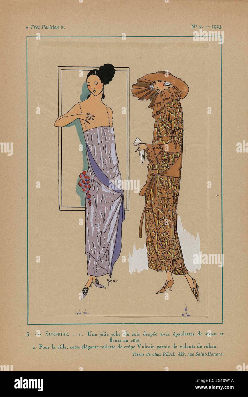 Paris, 1923, n° 7: 5. - surprise. - 1. Une Jolie Robe du soir .... 1. Robe  de soirée drapée avec bretelles en strass et fleur de fleur sur un côté. 2.
