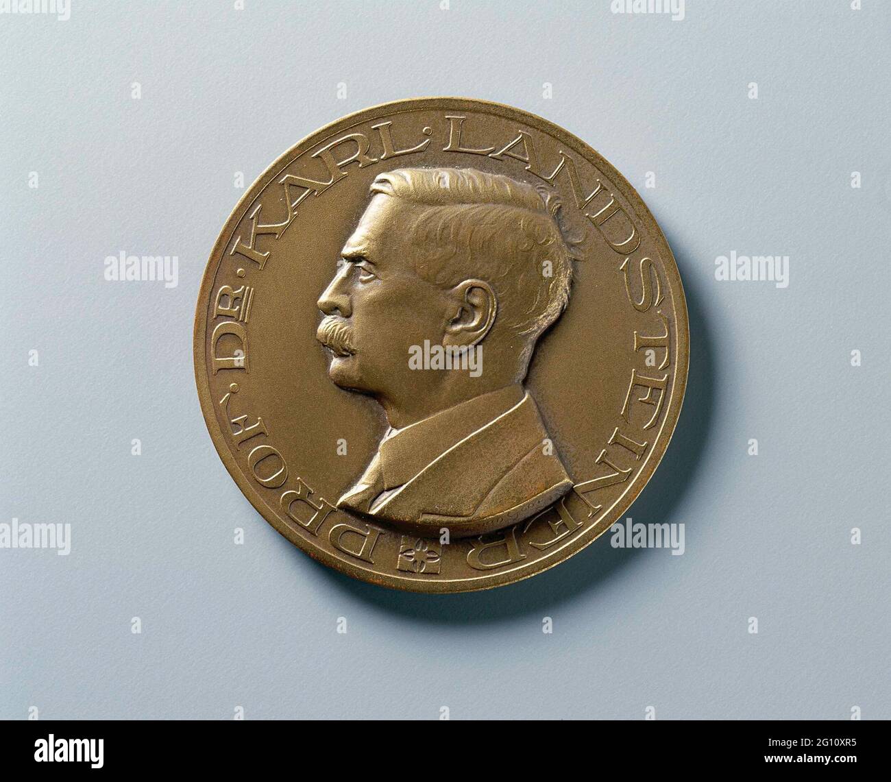 Dr. Karl Landsteiner / la Croix-Rouge néerlandaise - Service de transfusion sanguine. Médaille de bronze. Avant : portrait du professeur dr. Dr. Karl Landsteiner avec l'écrivain. Inverse: Pelican avec ailes blazantes sur le nid avec 3 garçon. Au-dessus d'une croix. Circoncision. Banque D'Images