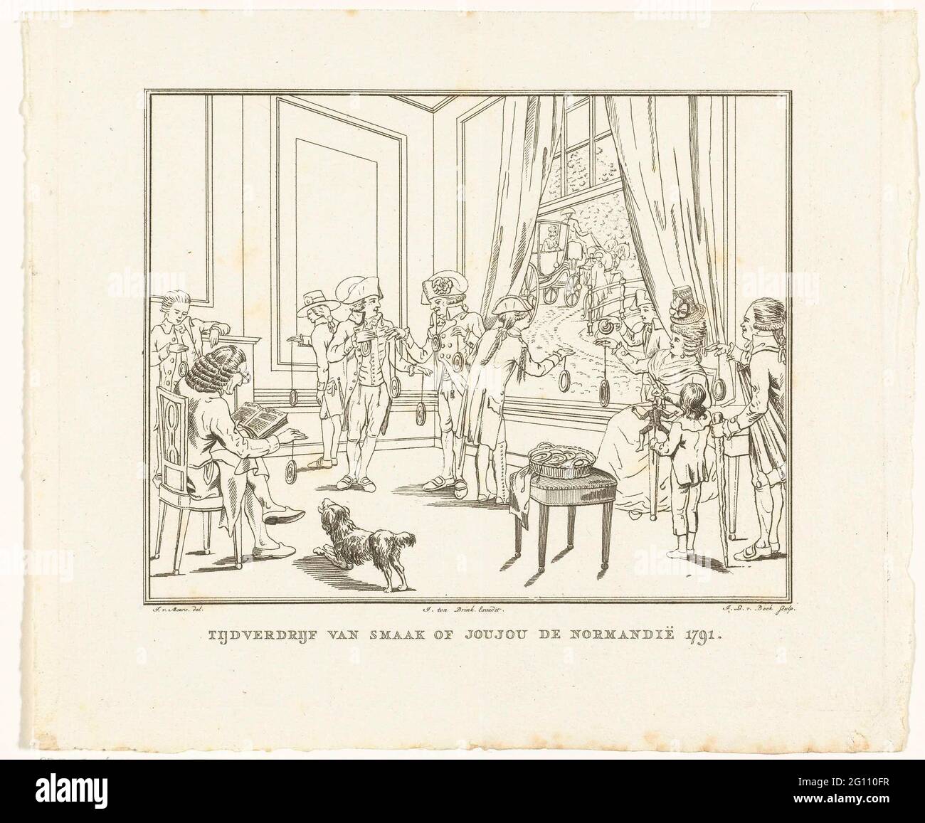 Intérieur avec des hommes et des femmes qui dissipent leur temps avec des Yoys; exposition de goût ou joujou de Normandie 1791. Intérieur avec des hommes et femme de noblesse qui consacrent leur temps avec des yoys. Un enfant joue avec une poupée à dessin. Banque D'Images