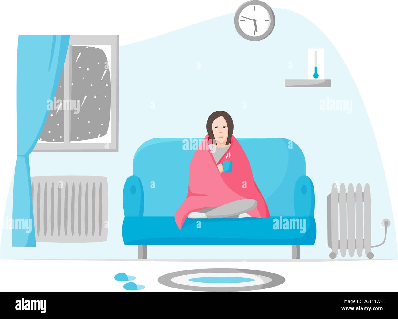 Femme glaciale dans un appartement froid en hiver. Une fille enveloppée dans une couverture est assise sur un canapé. Utilisation du radiateur et du chauffage lorsque l'intérieur est froid. Auto-isolation sur froid d Illustration de Vecteur