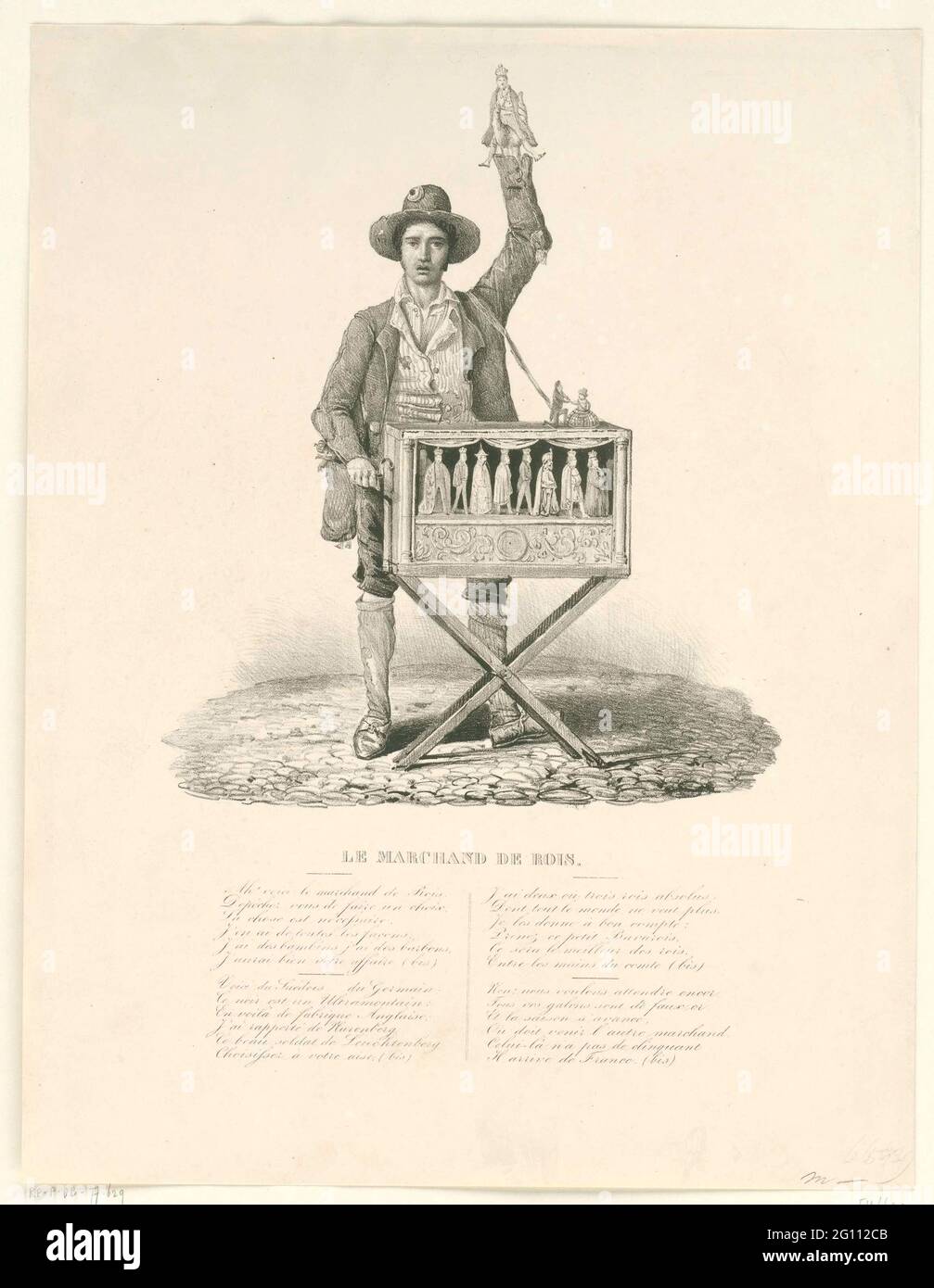 Le vendeur de rois, 1831; le Marchand de rois. Caricature sur les négociations sur le choix d'un roi belge, février 1831. Un maskramer avec un orgue de rue et huit poupées habillées d'oreilles. L'organiste tient un royauje dans sa main. Avec une chanson française en quatre couplets. Banque D'Images