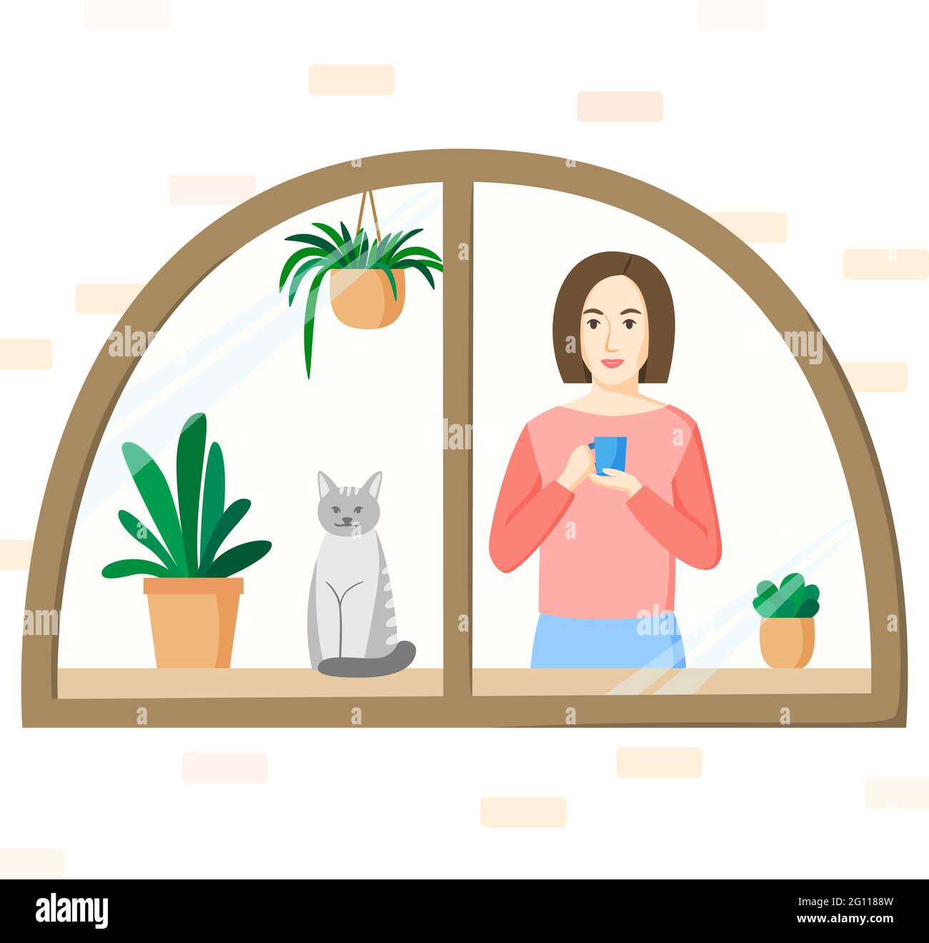Femme avec une tasse devant la fenêtre. Fille, chat et plantes de maison dans la fenêtre. Concept de séjour à la maison dans un style plat. Illustration vectorielle Illustration de Vecteur