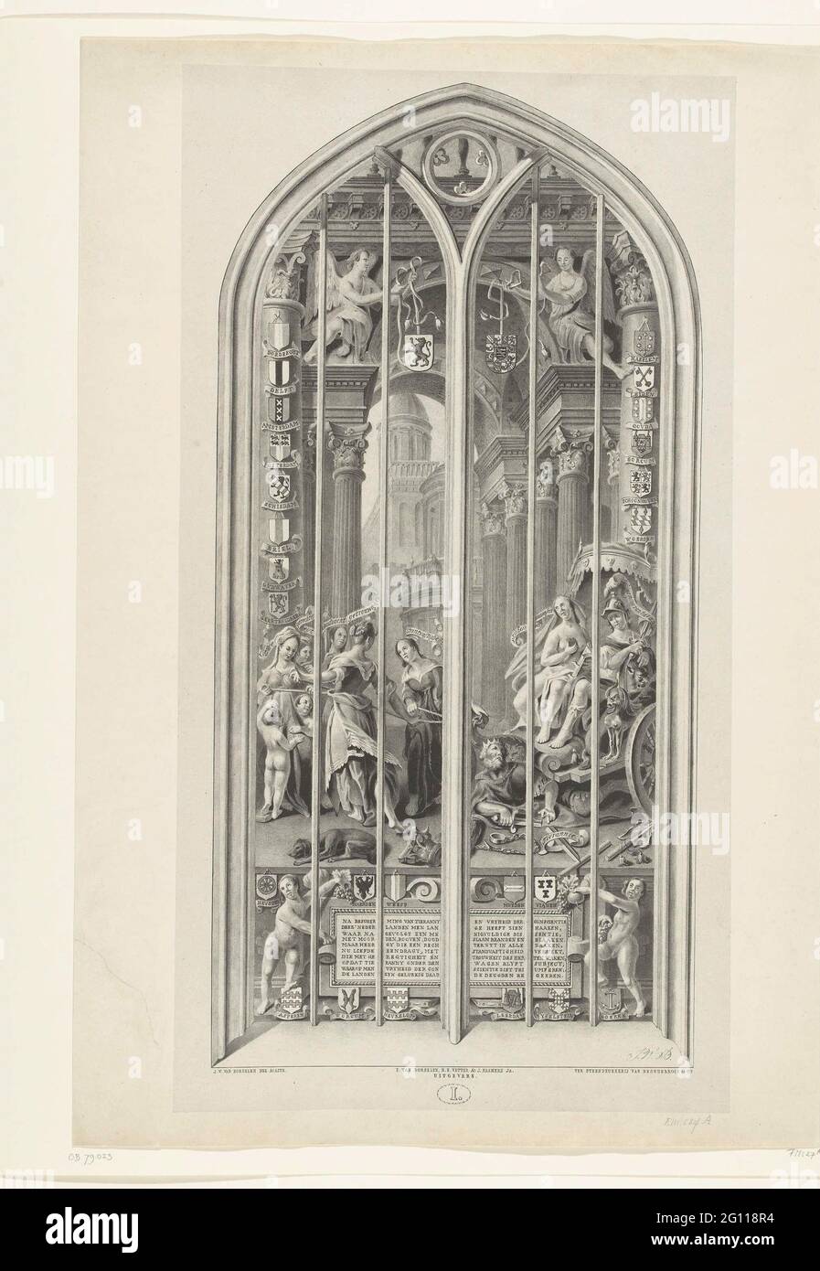 La fenêtre de verre de liberté de conscience triomphe sur la tyrannie, ca. 1568-1595. Un char avec le gouvernement comme protecteur de la tyrannie et de la liberté de conscience transmet la tyrannie. Le char est dessiné par les personnifications de la fermeté, de l'amour, de l'unemtra, de la justice et de la loyauté. Le spectacle entouré par les armes des villes du Sud de la Hollande. Au vitrail du Sint-Janskerk à Gouda (conçu en 1595-1596, publié en 1597). Banque D'Images