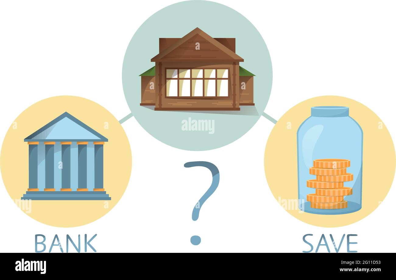 Acheter maison et propriété, économiser de l'argent ou aller à la banque, prendre la décision, comparer l'épargne et obtenir le prêt, illustration vectorielle Illustration de Vecteur