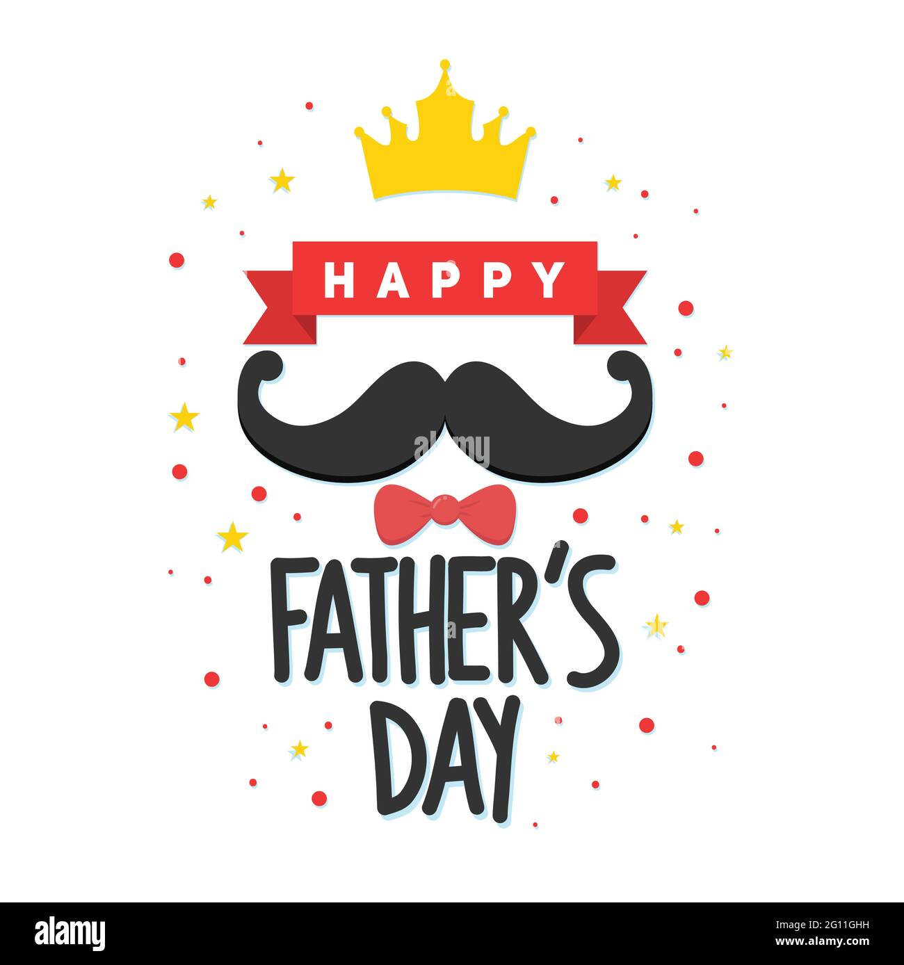 Illustration vectorielle de typographie du jour du père heureux. Texte de fête des pères avec couronne, moustache et arc. Illustration de Vecteur