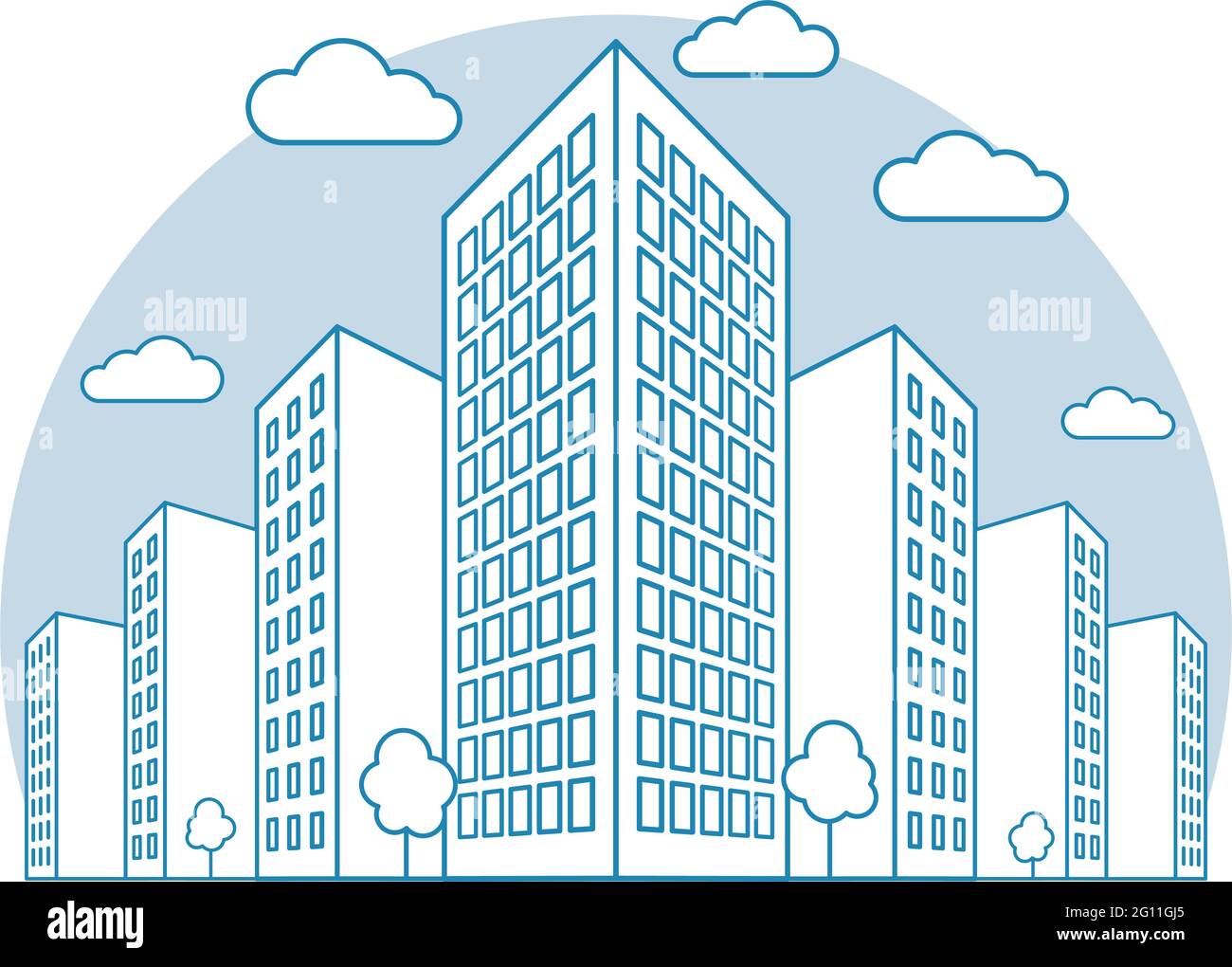 Vue sur la ville avec de hauts bâtiments, nuages, arbres, paysage avec rues, maisons résidentielles et de tenement modernes, style linéaire contour, vecteur urbain Illustration de Vecteur