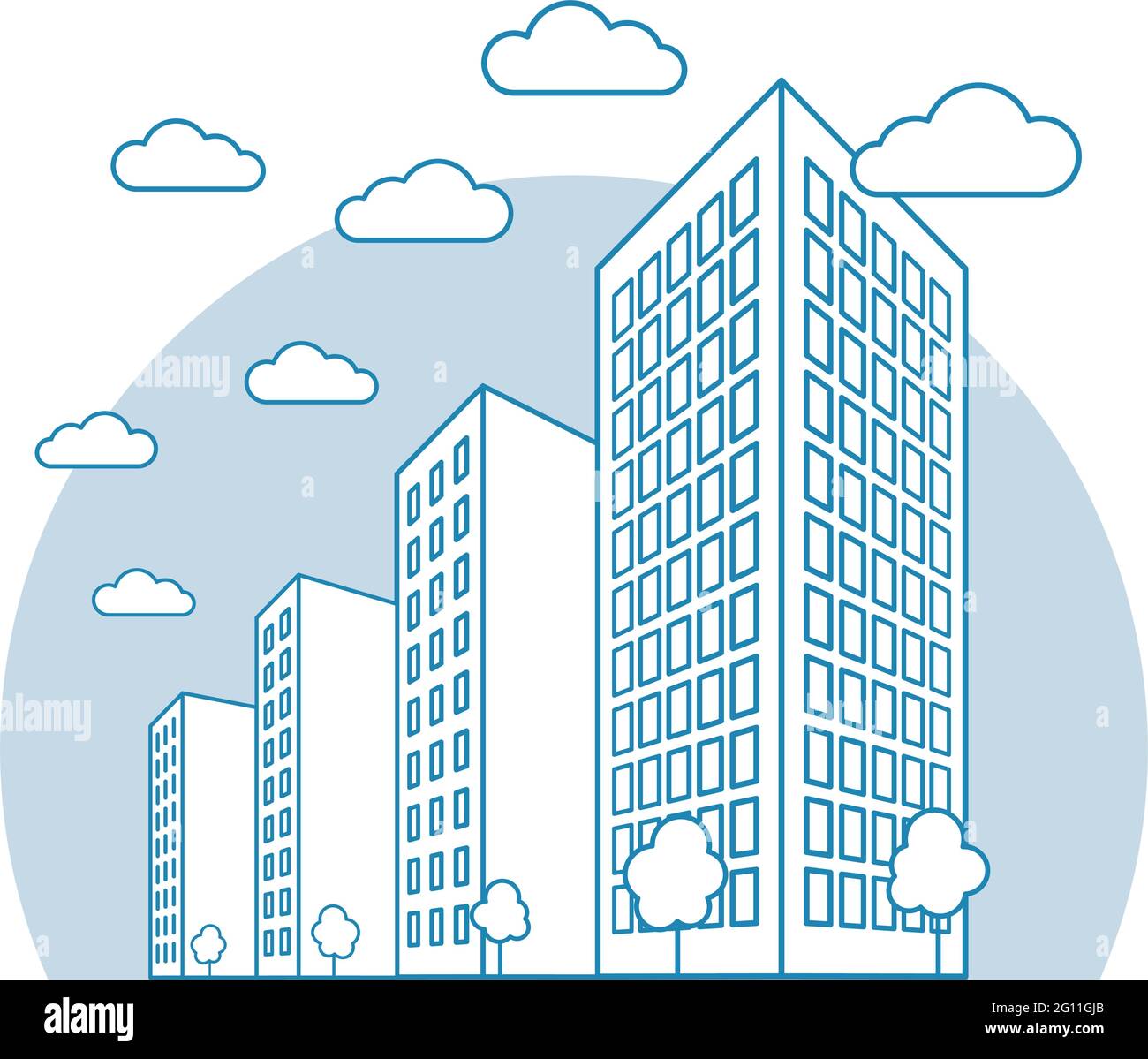 Vue sur la ville avec de hauts bâtiments, nuages, arbres, paysage avec rues, maisons résidentielles et de tenement modernes, style linéaire contour, vecteur urbain Illustration de Vecteur