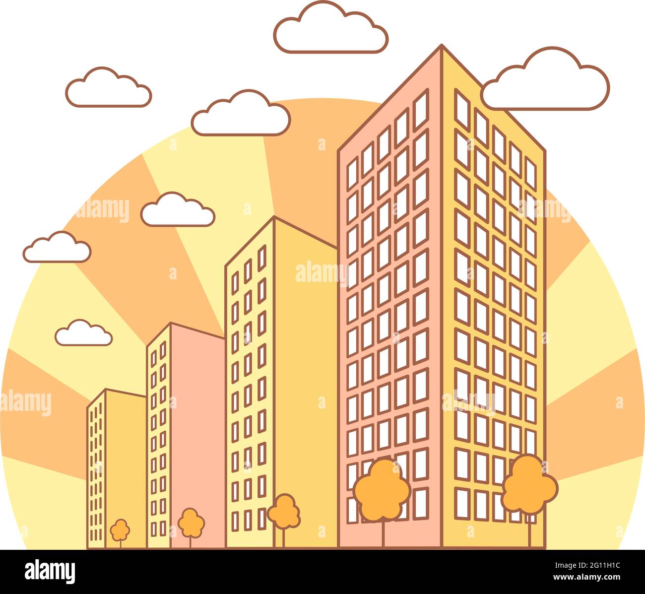 Vue sur la ville d'automne avec de hauts bâtiments, des nuages, des orangers, paysage d'automne avec des blocs de rue, des maisons résidentielles modernes et de tenement, contour linéaire Illustration de Vecteur