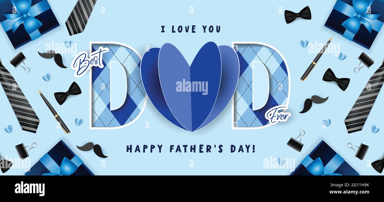 Illustration vectorielle de la fête des pères sur fond bleu. Bannière pour le meilleur papa avec cravate, noeud, moustache, stylo, coeurs, boîte cadeau. Illustration de Vecteur