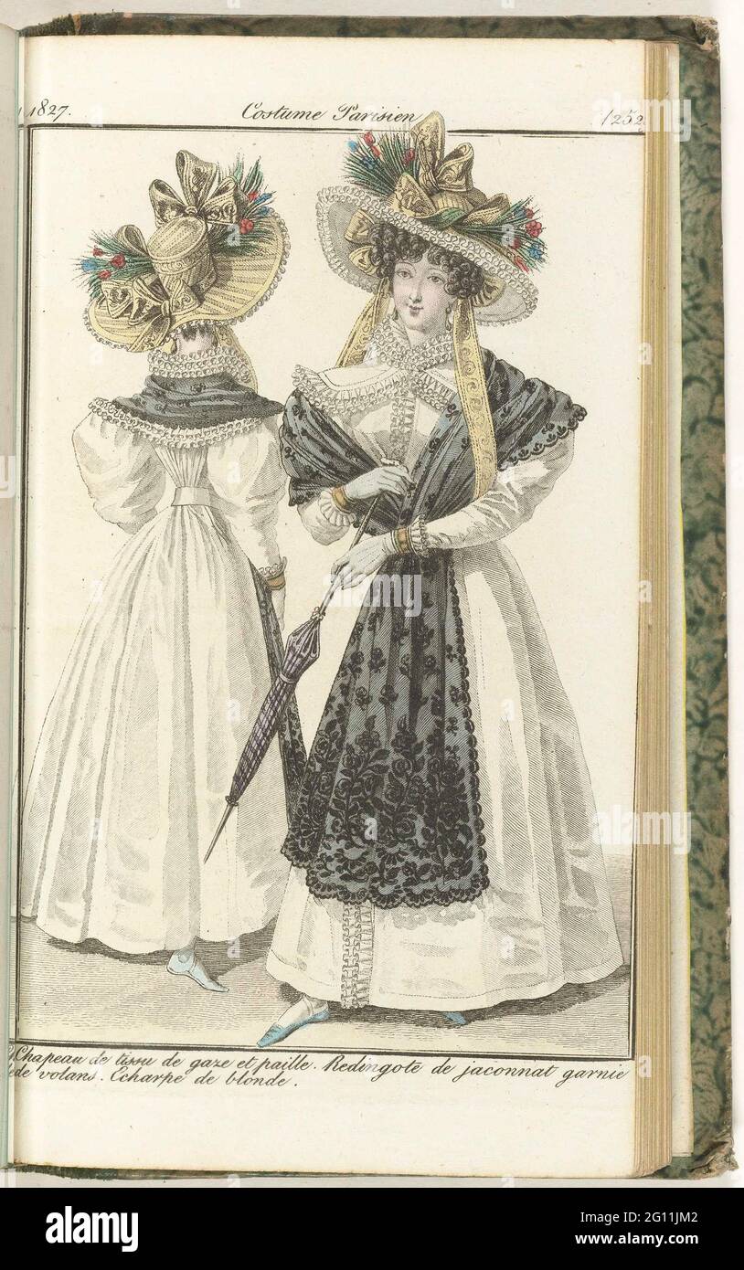 Journal des Dames et des modes, Costume parisien, 25 août 1827, (2529):  Chapeau de Tissu de seg .... Chapeau de regard et de paille, orné d'arcs et  de fleurs. Redingote (Jackenkurk) de '