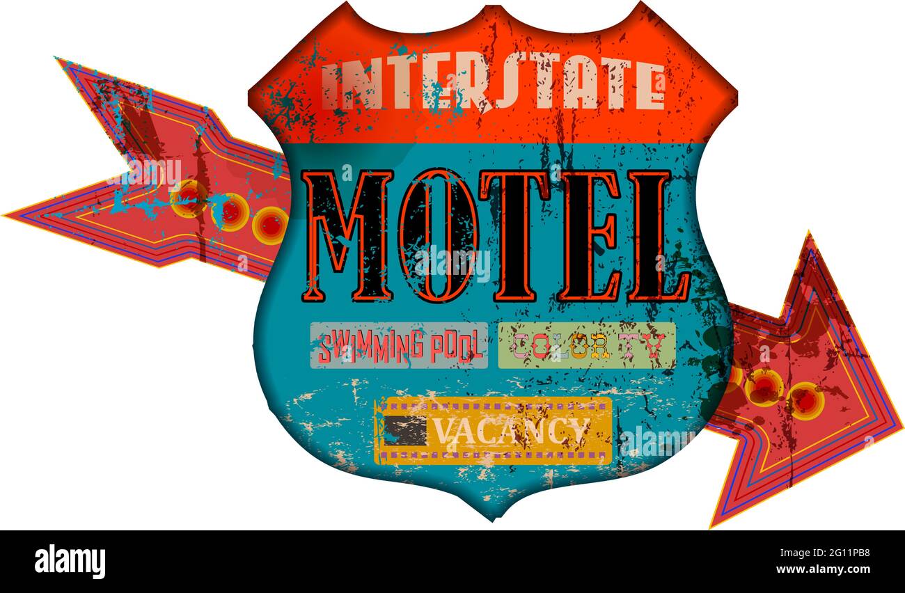 Rétro super grunge route Interstate Motel signe, rétro vieilli et l'illustration de vecteur de temps, art fictif Illustration de Vecteur