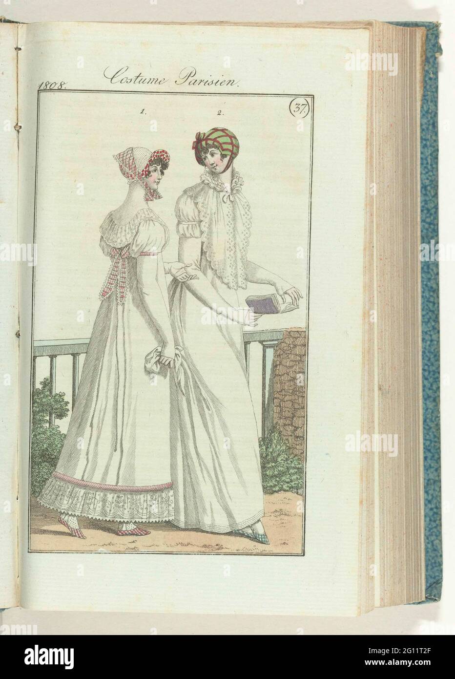 Journal des Dames et des modes, édition Francfort 11 septembre 1808,  Costume parisien (37). Le texte d'accompagnement (p. 287 et 288) mentions:  FIG. 1: 'Marmotte' (nom pour un certain type de foulard)