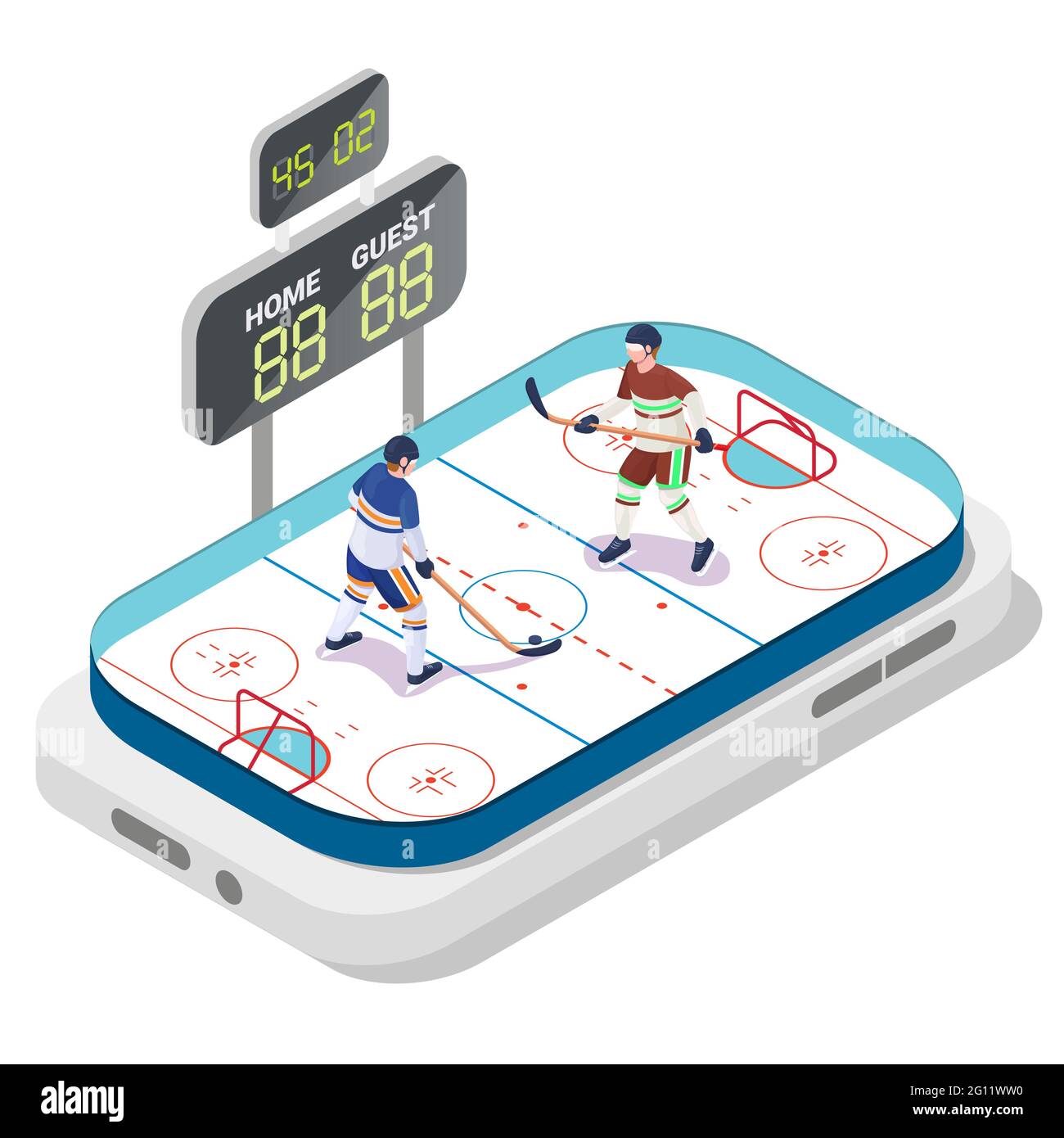 Hockey mobile sur glace, illustration vectorielle plate. Patinoire sport isométrique, joueurs, tableau de bord sur l'écran du smartphone. Jeu en ligne Illustration de Vecteur