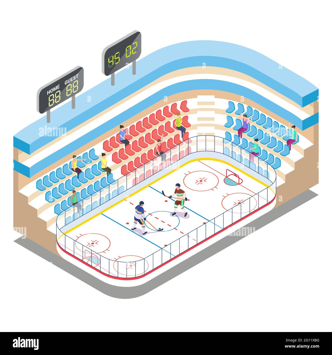 Stade de hockey sur glace isométrique, joueurs et fans, illustration vectorielle plate. Arène de hockey sur glace, patinoire, terrain de sport, Tribune. Illustration de Vecteur