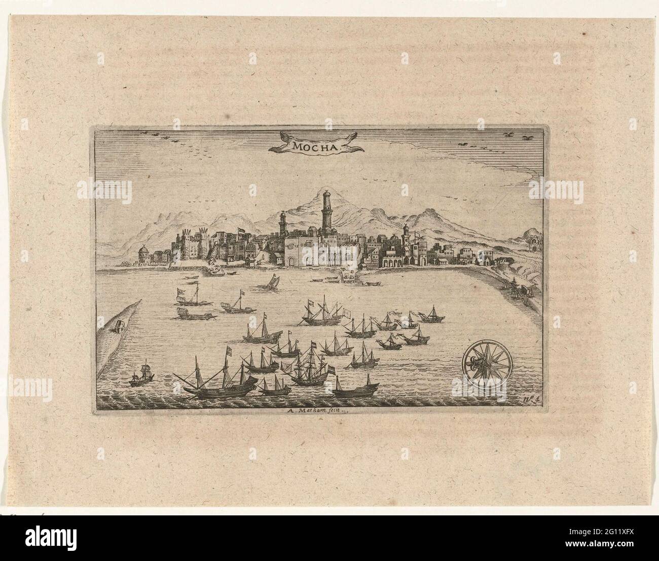 Le port de Mocha, 1616; Mocha; le Vermaerde Stadt Mocha. Vue sur le port de Mocha (Al Mukha), juillet 1616. Partie des illustrations dans le rapport des visites de Pieter van den Broecke aux Indes orientales, 1605-1640, no 4. Banque D'Images