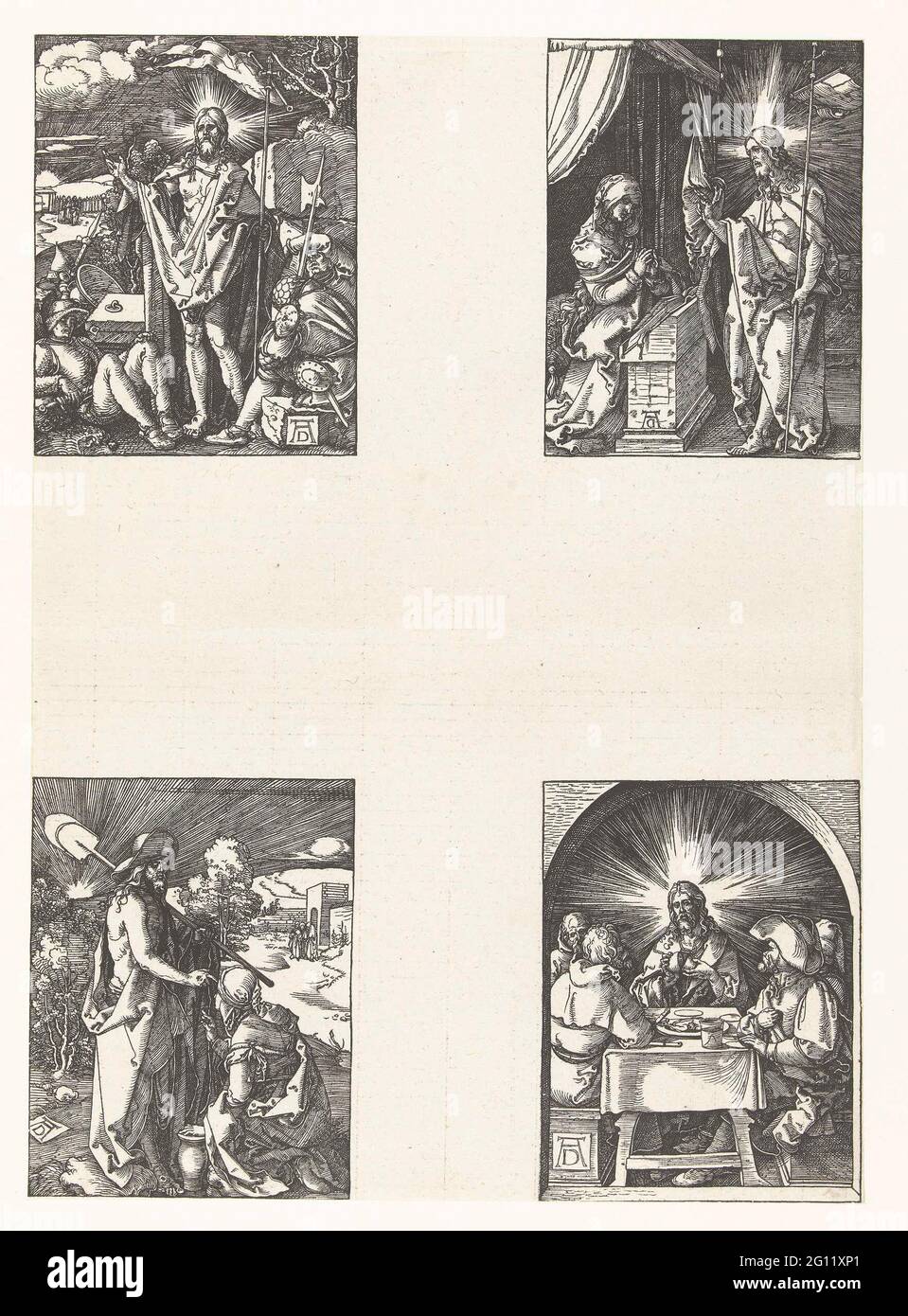 Résurrection, Christ apparaît à sa mère, Christ apparaît à Marie Magdalene, Christ à Emmaüs, la petite passion. La huitième série de quatre scènes de la série des prots 'de Kleine Passie', ici encore échoué avec 4 images sur 1 feuille. En haut à gauche : Christ debout à côté de sa tombe, entouré de soldats dormantants. En haut à droite: Christ saluait sa mère Maria, qui savait pour un orateur de personne. En bas à gauche : Christ, habillé comme un jardinier, saluant Maria Magdalena. En bas à droite : Christ brise le pain à la table avec quatre hommes à Emmaüs. Banque D'Images