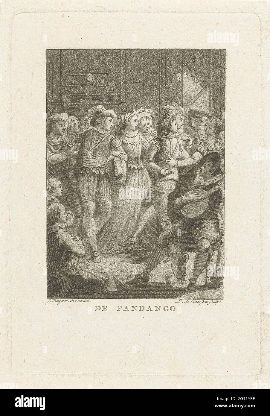 Compagnie de danse; le Fandango. Un groupe de danseurs danse le Fandango, une danse populaire du XVIIIe siècle en Espagne. Un homme joue sur un luth. Banque D'Images